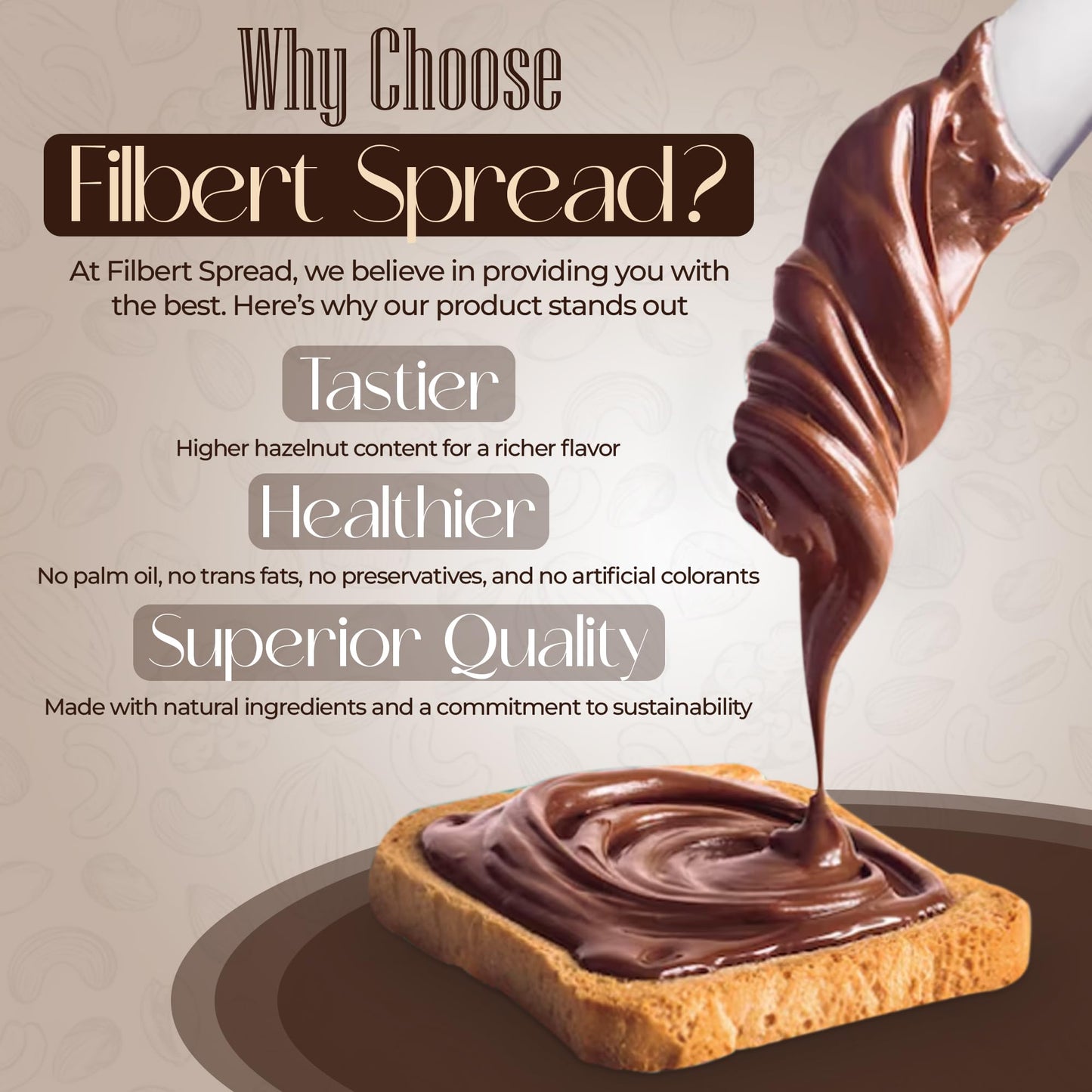 Filbert Spread Premium Hazelnut Chocolate Cream - 400g Jar | Palm Oil Free, Non-GMO, Gluten Free | Smooth & Creamy Hazelnut Cocoa Spread