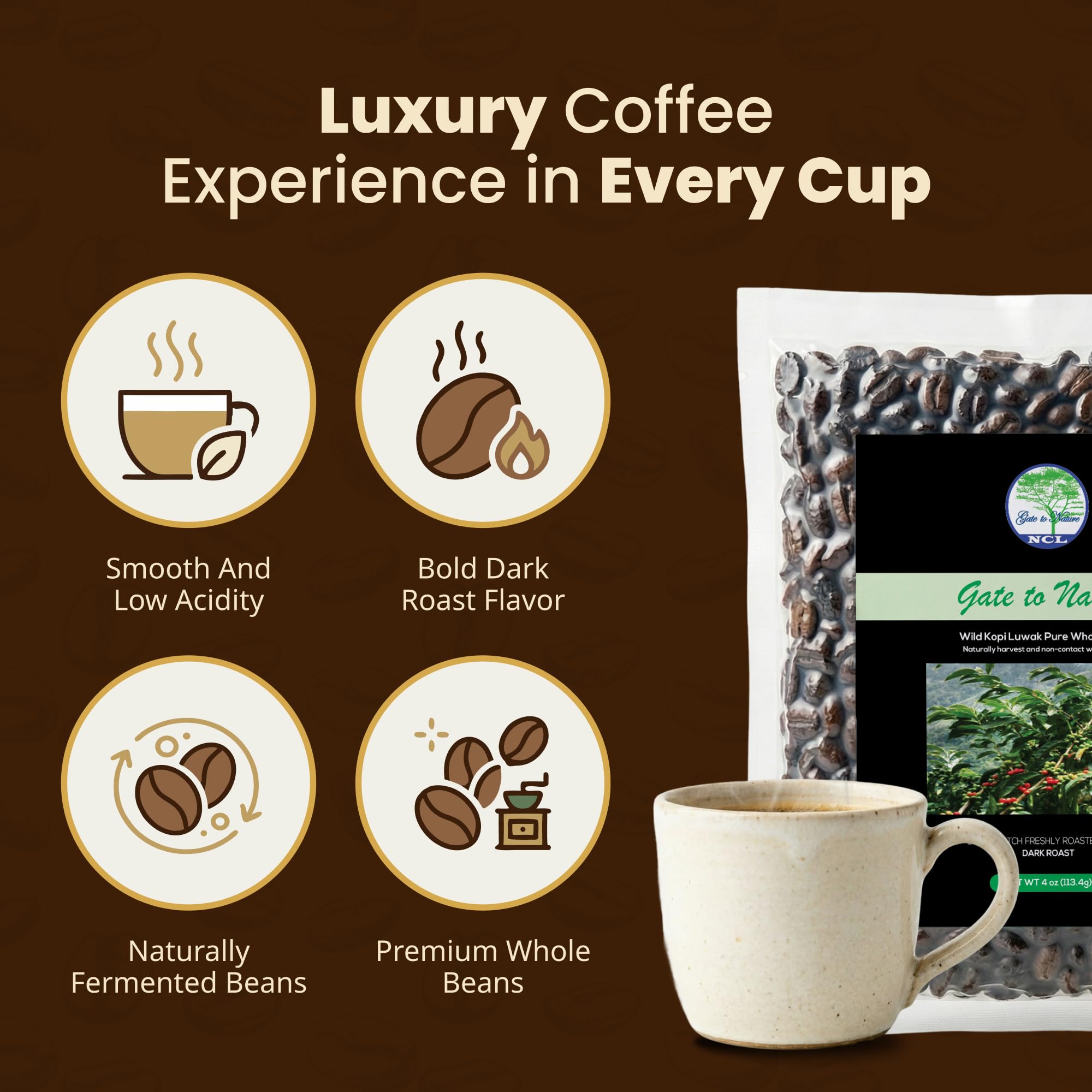 Gate to Nature Wild Civet Arabica Coffee Whole Beans, Freshly Made Luxury Kopi Luwak Coffee Bean, Dark Roast Kopi Luwak Coffee Gifts, Produce in best