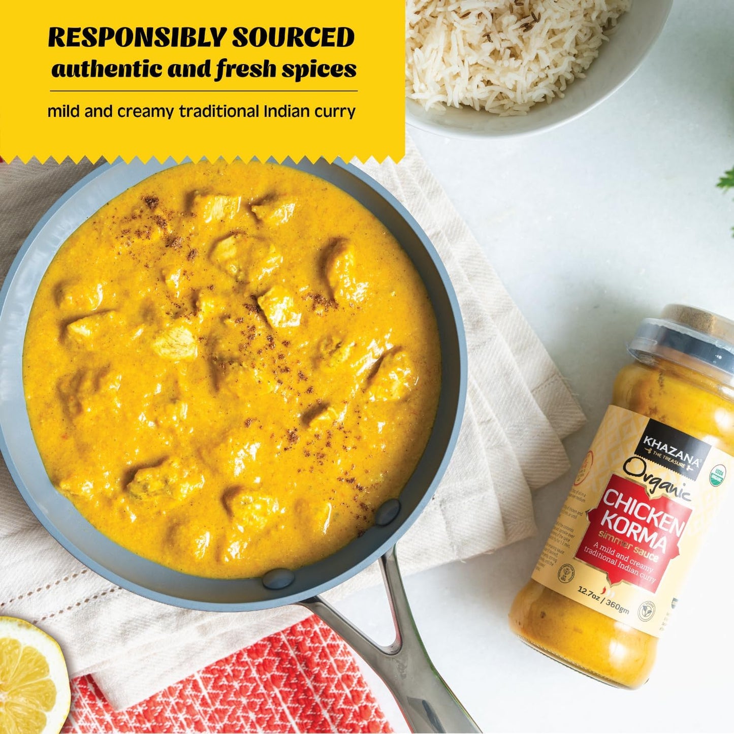 Khazana ORGANIC Chicken Korma Indian Simmer Sauce - 6 x 12.7oz Jars | Non-GMO, Vegan, Gluten Free, Kosher | Authentic Indian Meals Made Easy at Home!