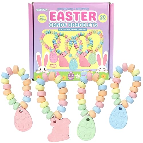 Easter Candy Bracelets, Individually Wrapped Edible Jewelry for Baskets, Egg Fillers and Hunts, 20 Count