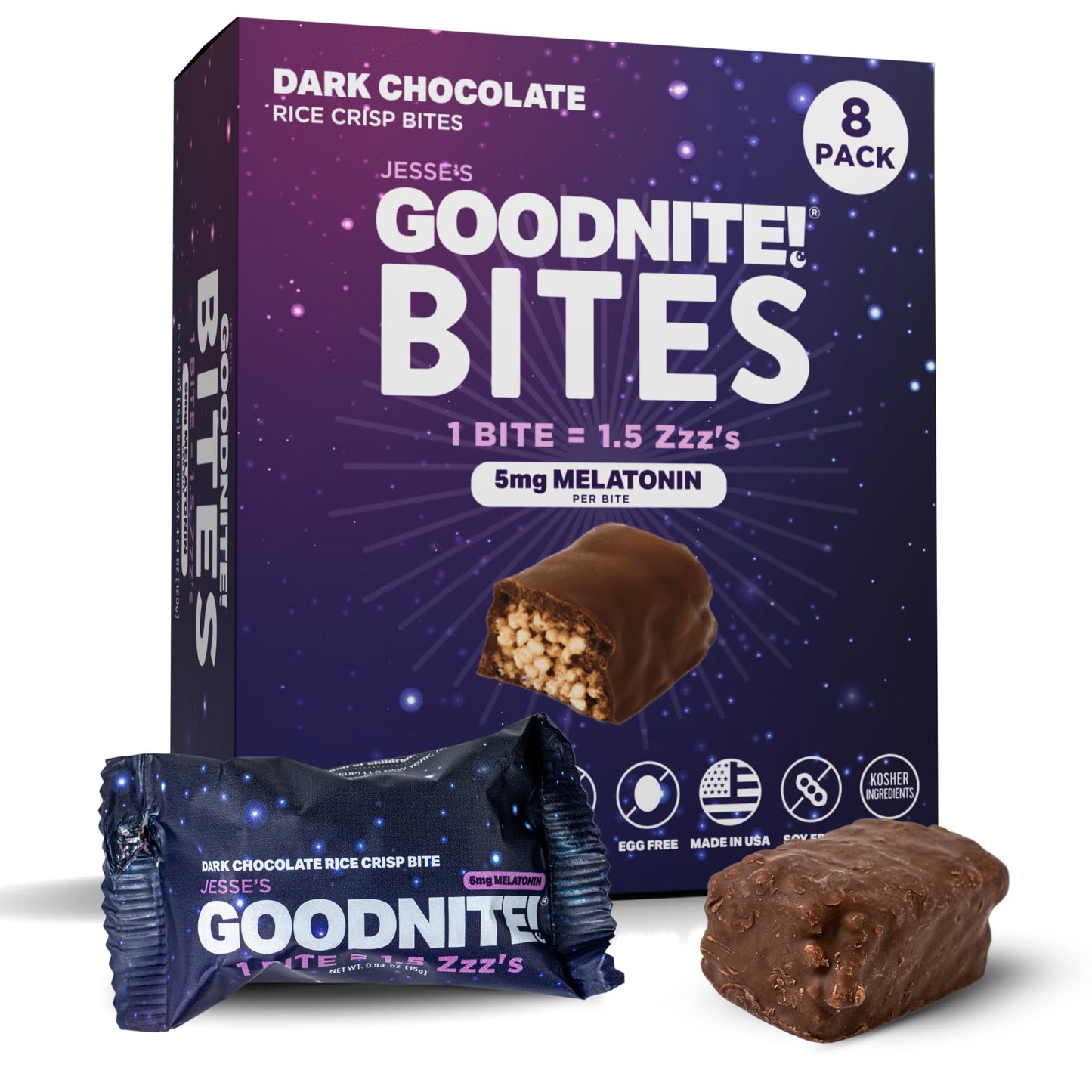 GOODNITE Sleep Bites - 5mg Melatonin + L-Theanine Dark Chocolate Mini Bites - Relaxing Bedtime Snack - No Morning Grogginess - Vegan Gluten-Free - 8