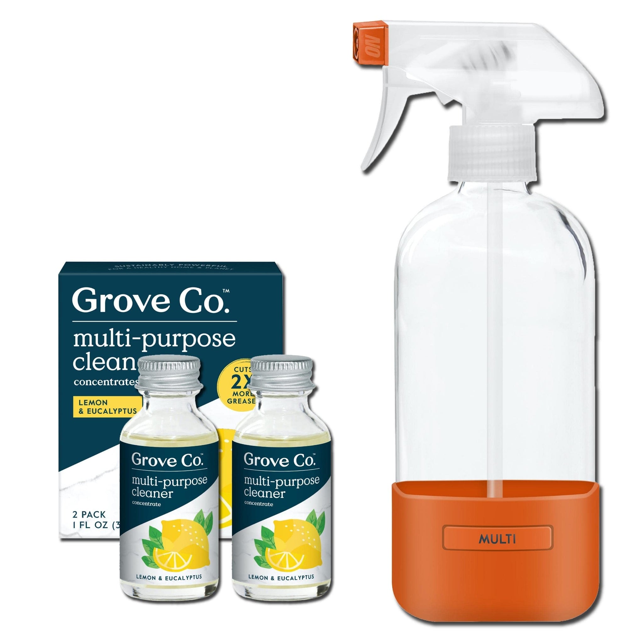 Grove Co. Multi Purpose Cleaner,Refill Concentrate Glass Spray Bottle (16 Oz),Plant-based Household Cleaning Supplies Bundle,No Plastic Waste,100%