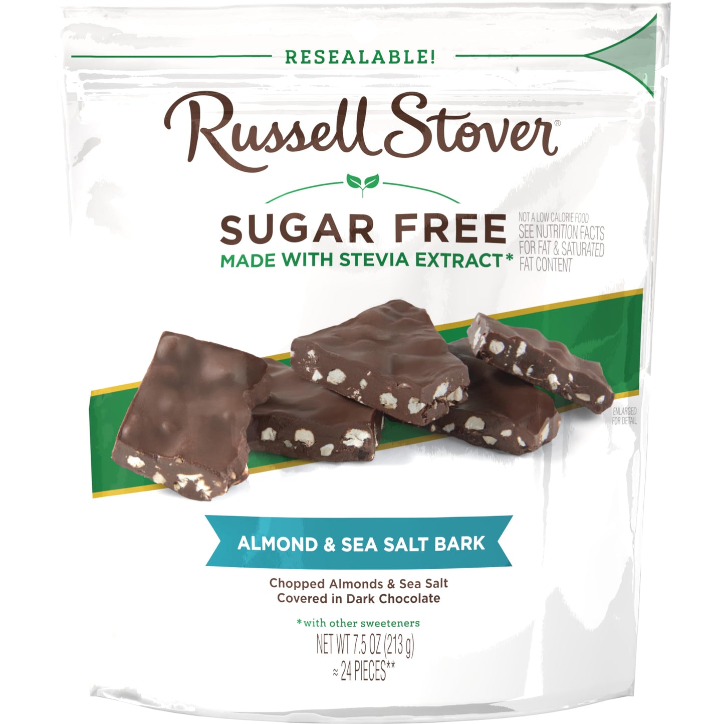 RUSSELL STOVER Sugar Free Dark Chocolate Almond & Sea Salt Bark, 7.5 oz bag (? 24 pieces)