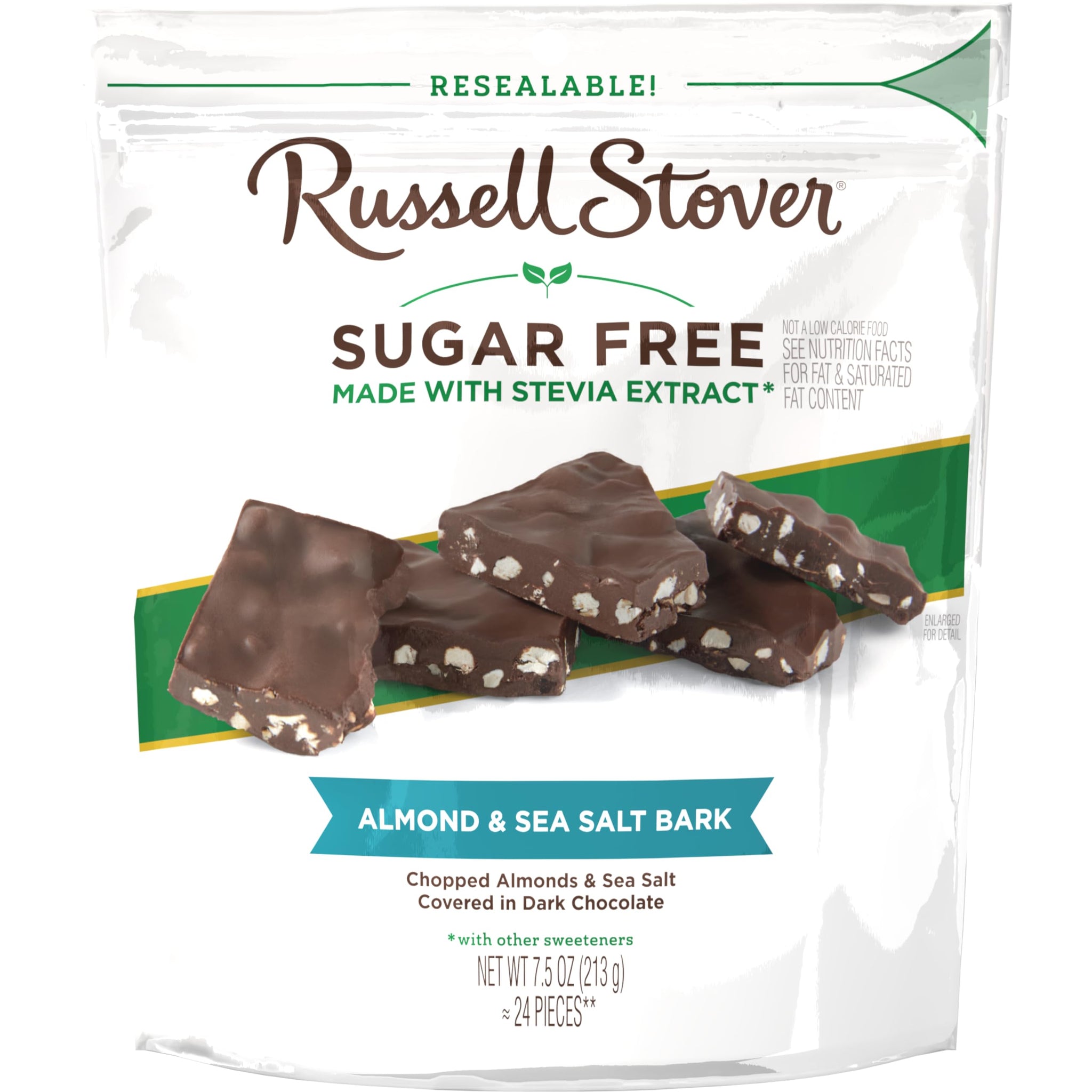 RUSSELL STOVER Sugar Free Dark Chocolate Almond & Sea Salt Bark, 7.5 oz bag (? 24 pieces)