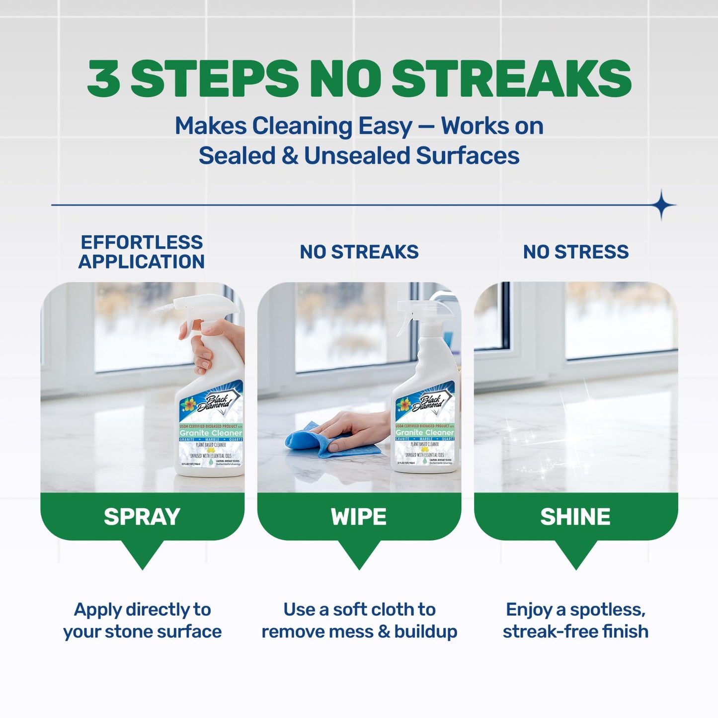 Black Diamond Stoneworks Granite Counter Cleaner: USDA Certified BIOBASED- Safe for Granite and other stone countertops. Safe for food contact formula
