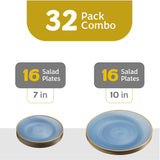 PLASTICPRO 32 Pieces Crystal Design Plastic Plates Combo Pack 7 inch and 10 inch Gold Rim Elegant Disposable Plates, Transparent Blue