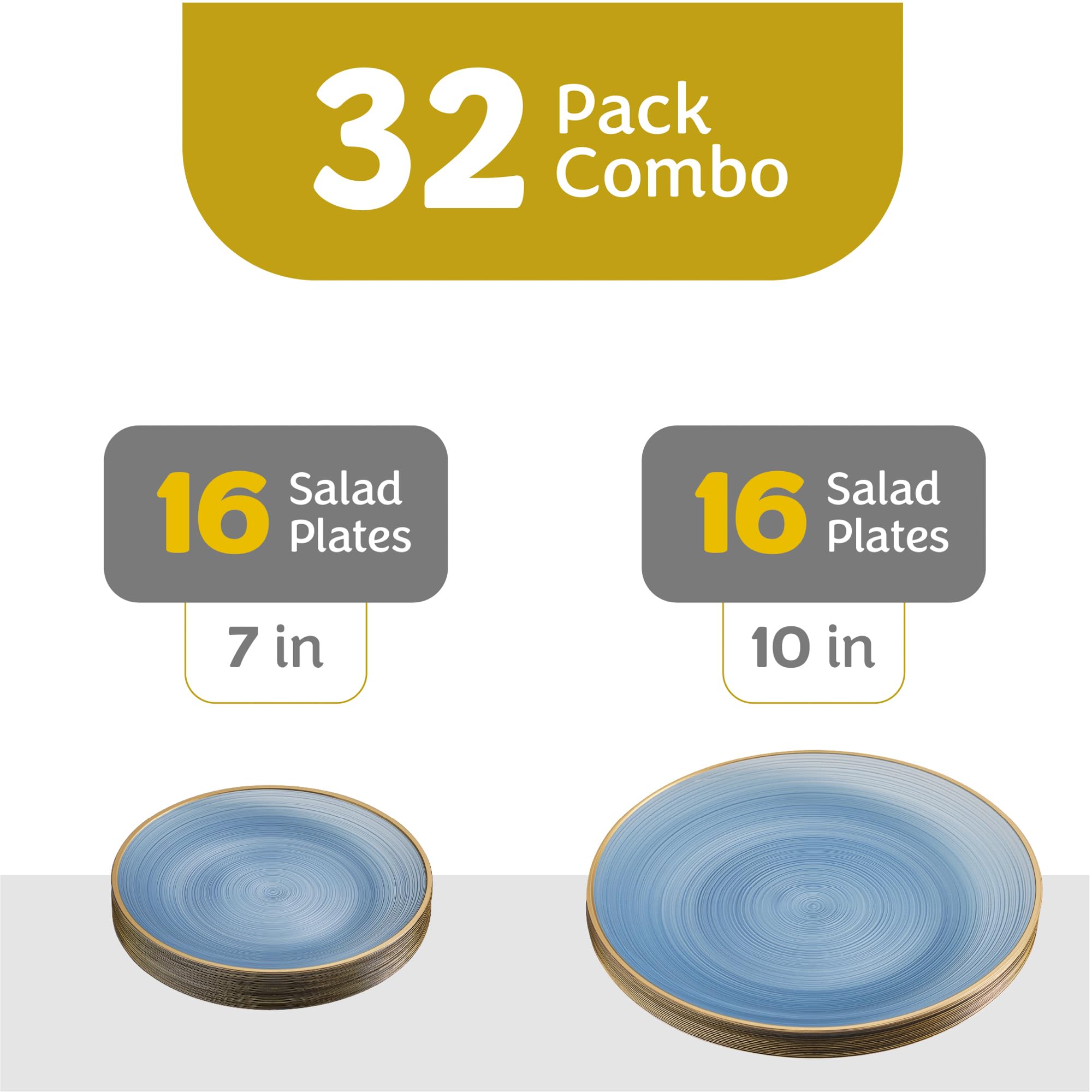 PLASTICPRO 32 Pieces Crystal Design Plastic Plates Combo Pack 7 inch and 10 inch Gold Rim Elegant Disposable Plates, Transparent Blue