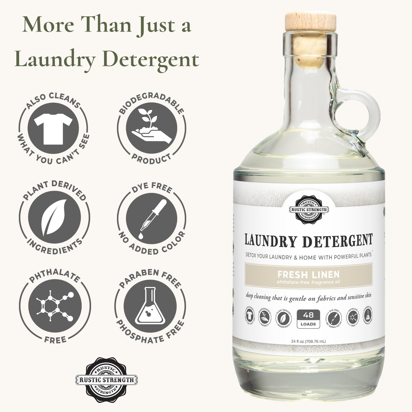Rustic Strength Natural Laundry Detergent, Fresh Linen Scent, Liquid, Color Safe, Sensitive Skin, HE Compatible, 24 oz Glass