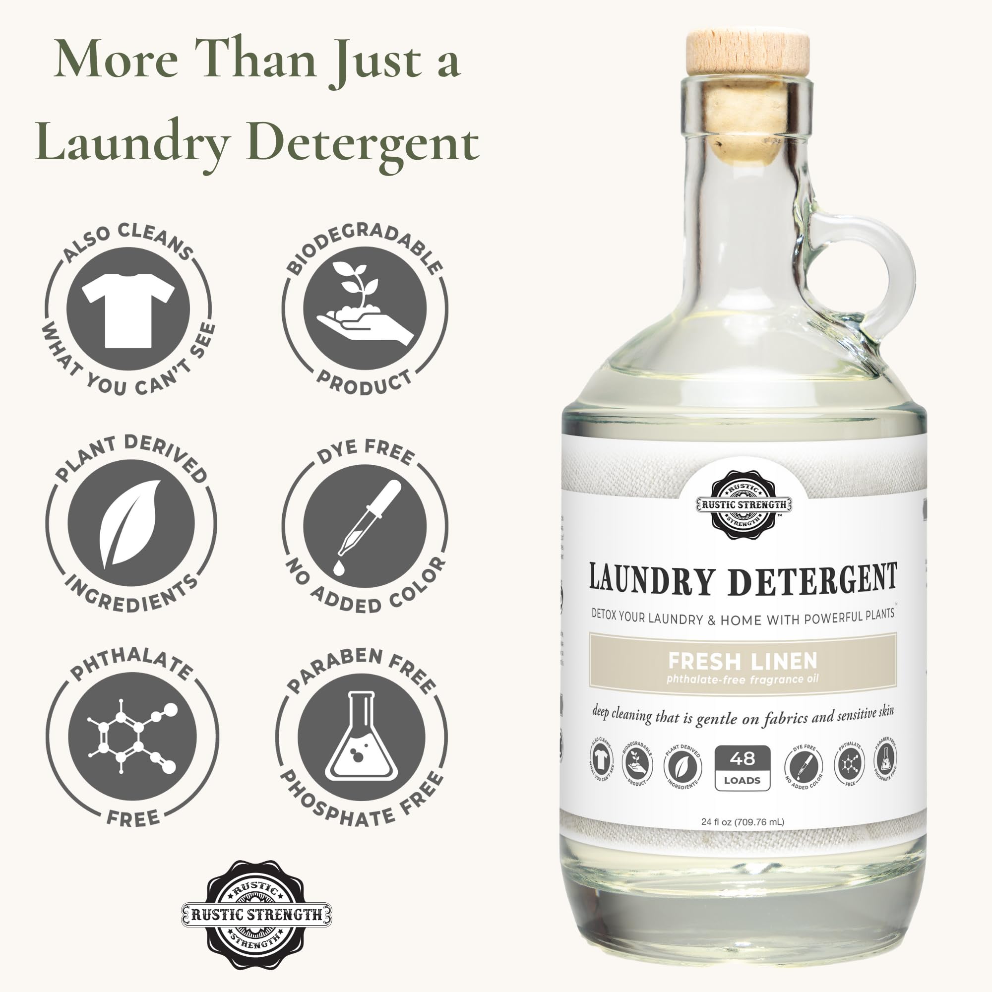 Rustic Strength Natural Laundry Detergent, Fresh Linen Scent, Liquid, Color Safe, Sensitive Skin, HE Compatible, 24 oz Glass