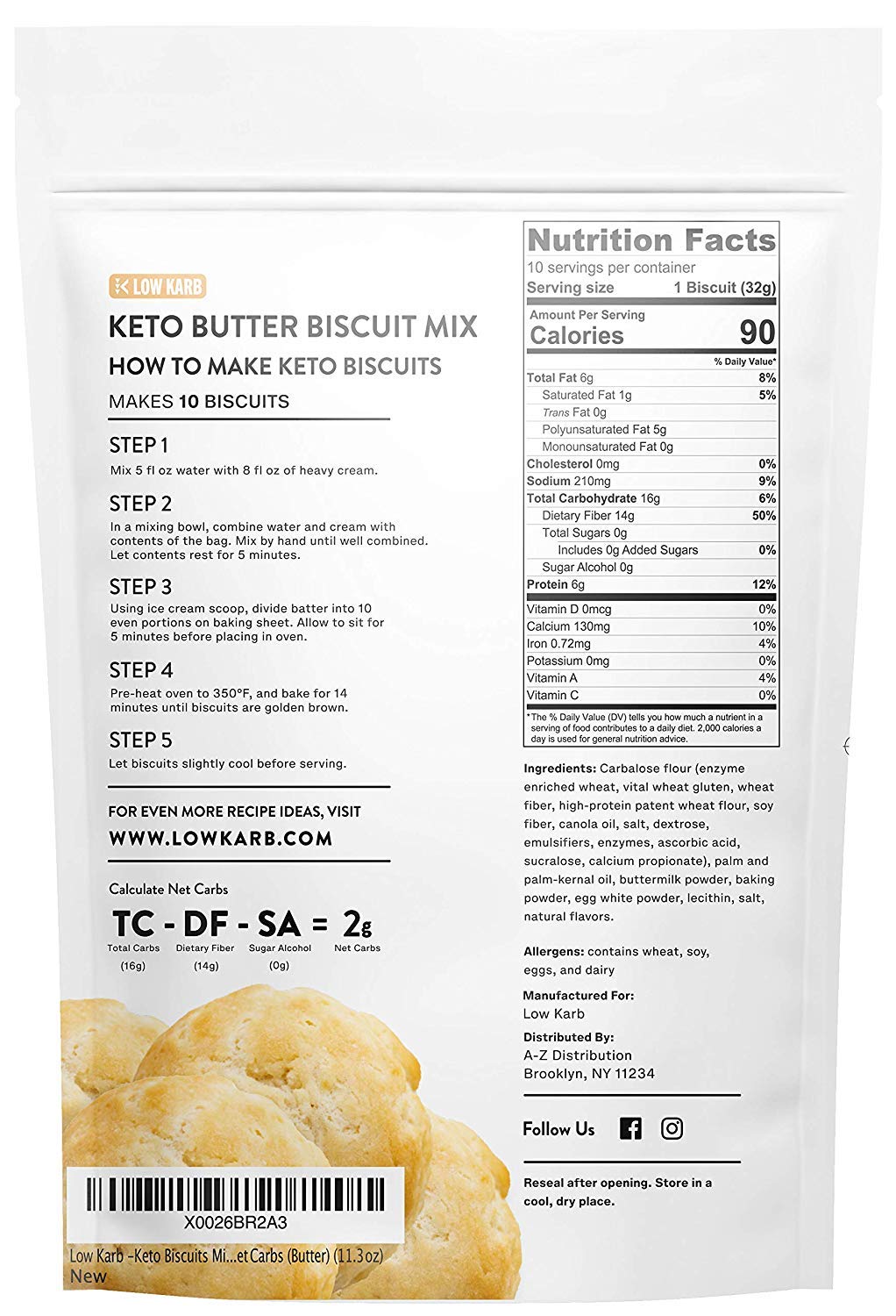 Low Karb - Keto Biscuits Mix - Low Carb Food - Easy to Bake - Breakfast - Only 2g Net Carbs (Butter) (11.3 oz)