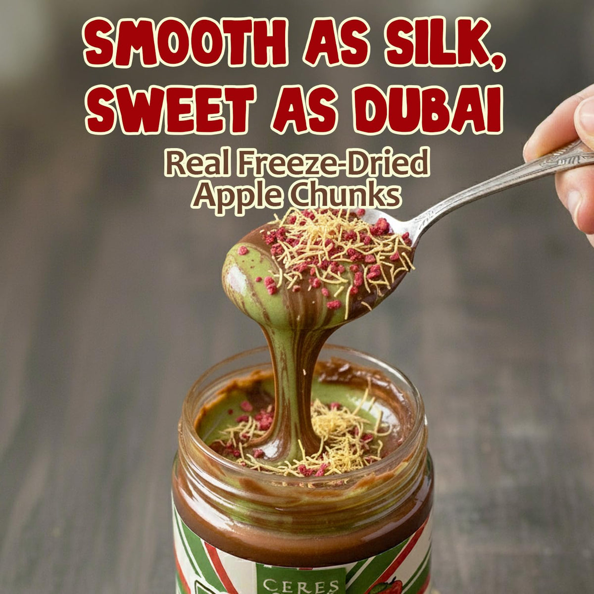 Dubai Spreadable Chocolate with Freeze Dried Apple - Premium Pistachio Spread with Roasted Phyllo, Gourmet Breakfast Chocolate (9.7 oz / 275 g)