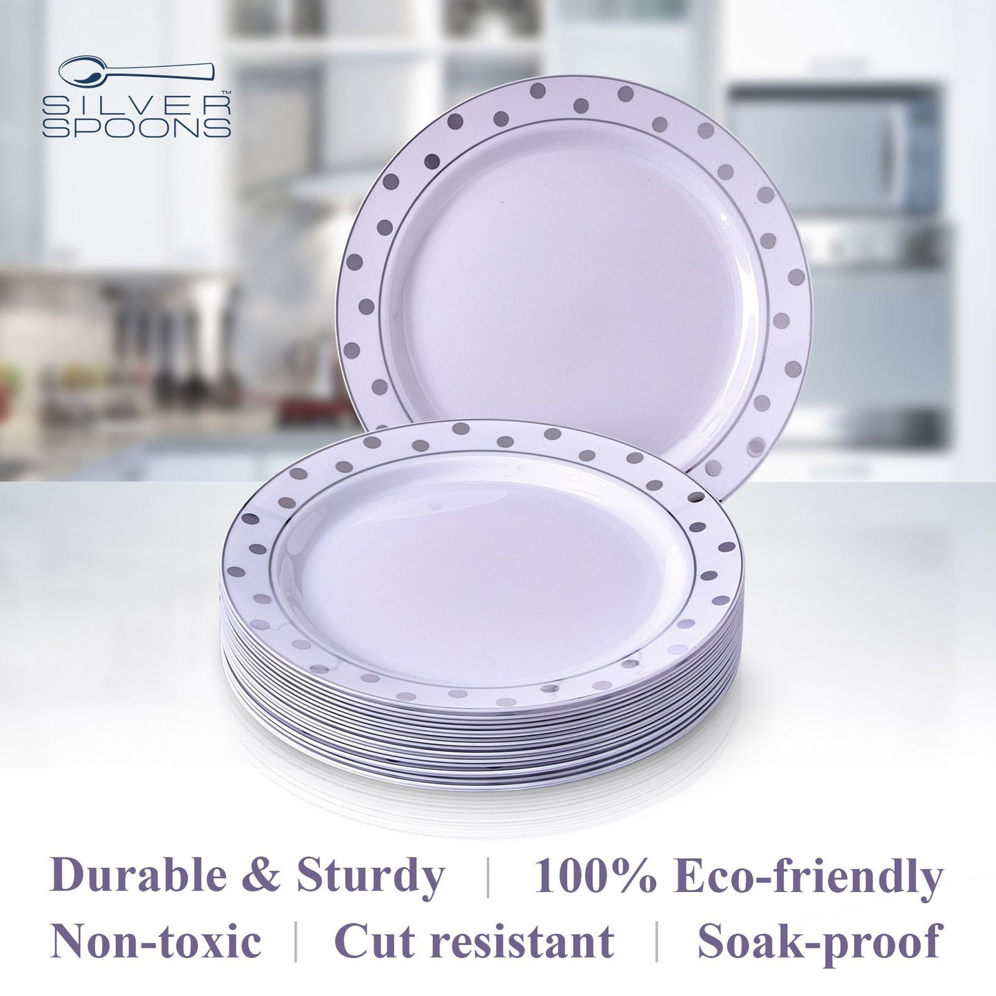 Silver Spoons Disposable Plates For Party - (20 Piece) Heavy Duty Disposable Dinner Set 7.5” , Fine Dining Plastic Dishes For Elegant China Look