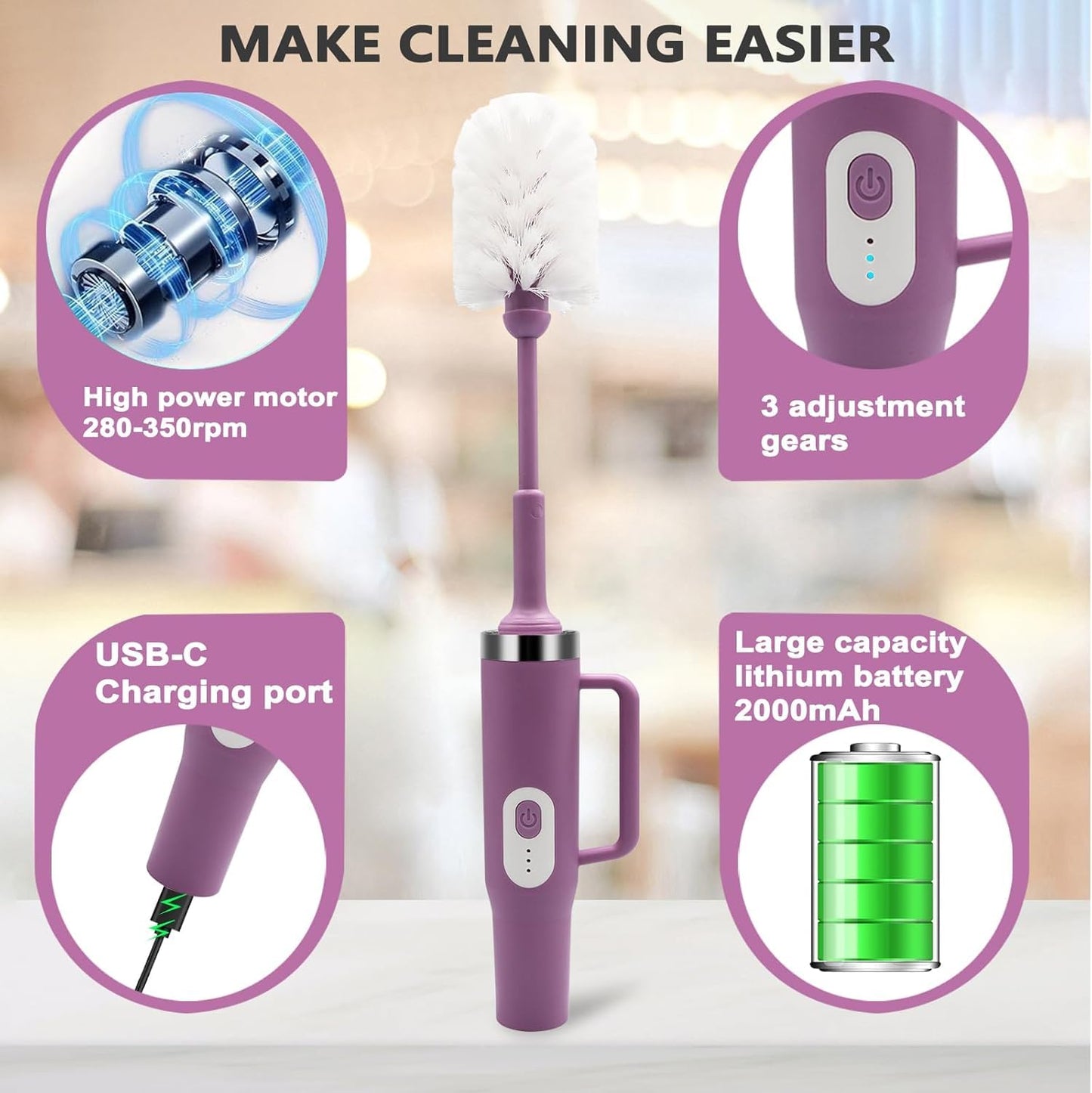 5 in 1 Electric Bottle Brush Cleaner Compatible Stanley Bottle Brush Straw Cleaner Multifunction Rechargeable IPX6 Waterproof Extra Long Design