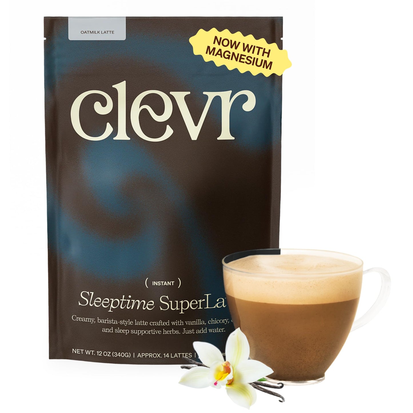 Clevr Sleeptime SuperLatte, Magnesium Sleep Drink with Ashwagandha, L-Theanine & Adaptogens, Caffeine-Free Instant Tea & Superfood Latte Powder, 14