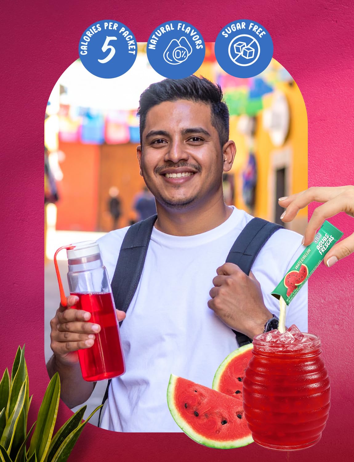 Klass Aguas Frescas, Powdered Drink Mix, 40 Singles Zero Sugar & Caffeine-Free Powder Packets, Water Drink Mix, Flavor: Watermelon - 5 Calories Per