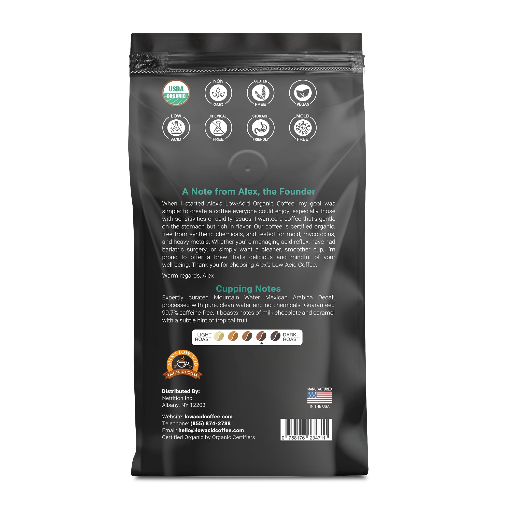Alex's Low Acid Organic Coffee 12oz Bag (Pack of 3) (Fresh Ground Decaf)
