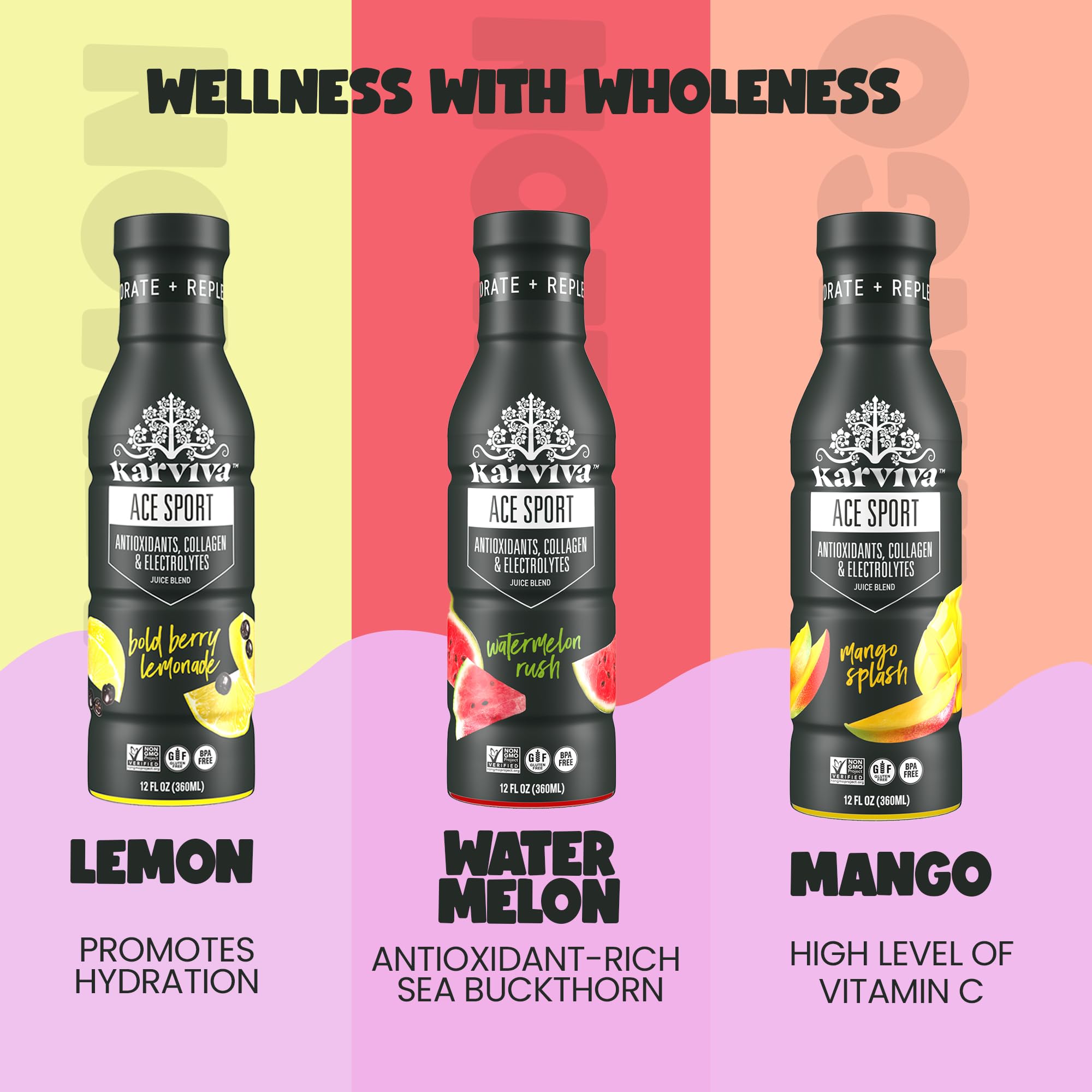 Karviva ACE Collagen Sport Juice Variety Pack - Inspired by Traditional Eastern Remedies for Healthy Joints, Skin & Hair. Collagen Hydration Drinks