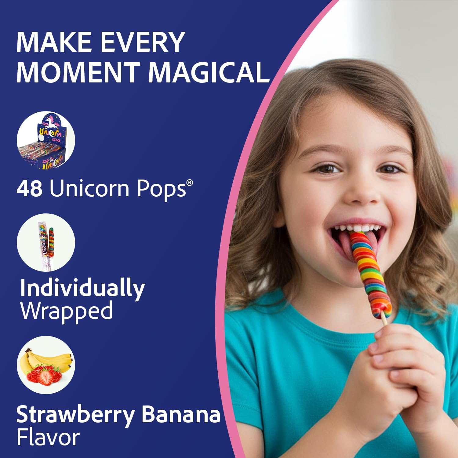 Adams & Brooks Strawberry Banana Mini Unicorn Pops, 1 lb 4 oz Box (48 ct.) - Twisty Unicorn Lollipops, Individually Wrapped Candy for Kids & Adults