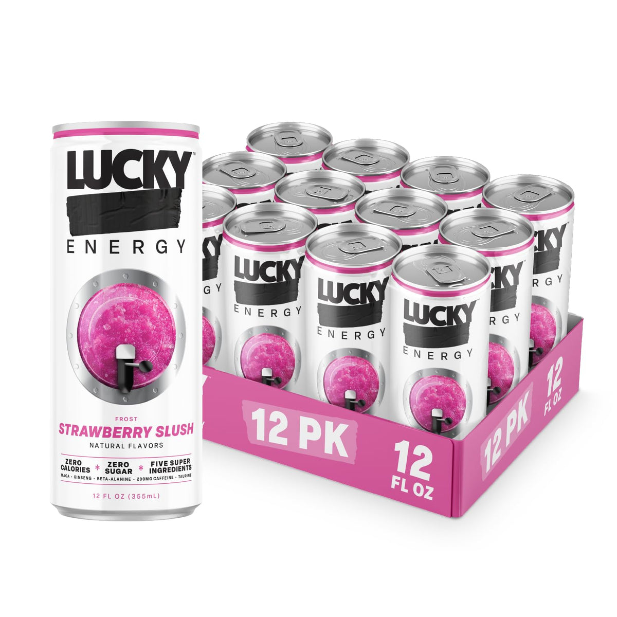Lucky Energy Drink Strawberry Slush, Zero Calories, 200mg Caffeine, 12 Pack