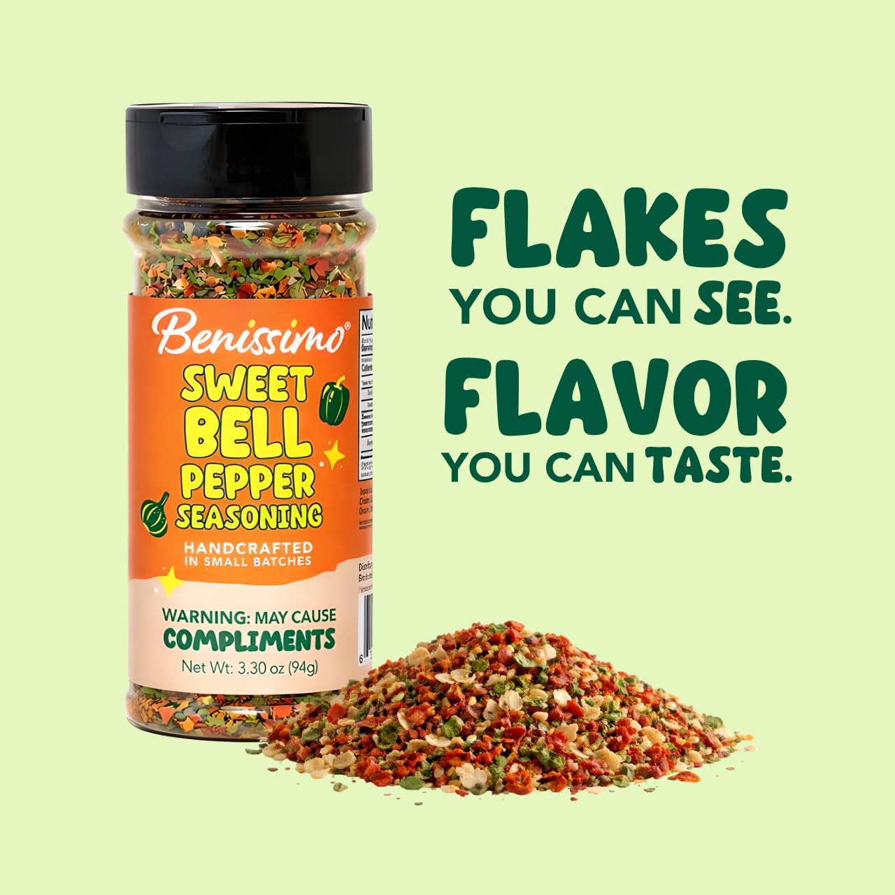 Benissimo Sweet Bell Pepper Seasoning, Flake & Herb Blend for Pasta, Dips, Sandwiches, Soups, Marinades, Grilling & Everyday Cooking with Pet Shaker |