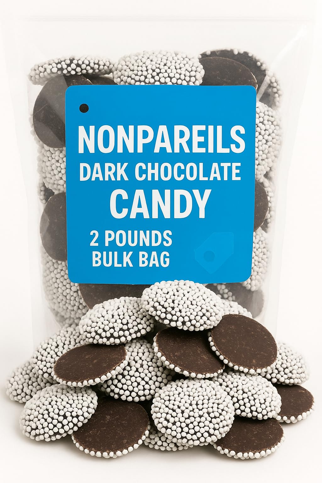 Dark Chocolate Nonpareils, 2 lb Bulk Chocolate Discs with Crisp White Seeds