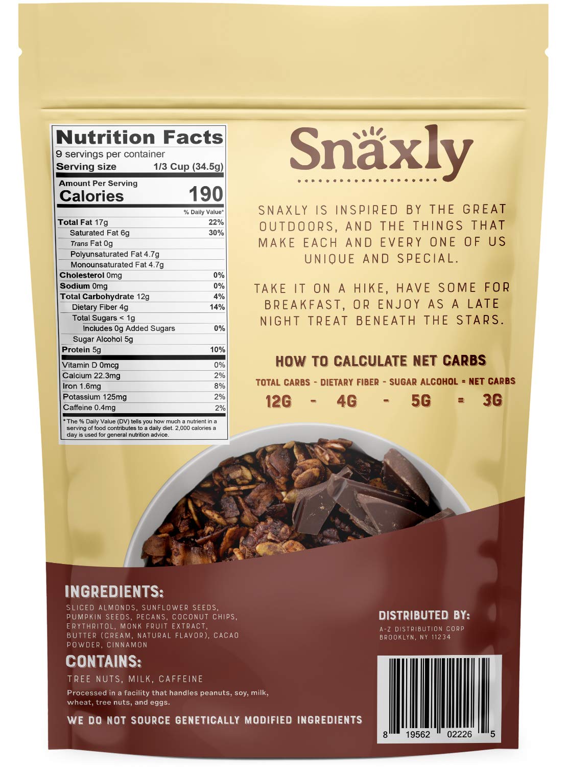 Snaxly - Keto Cacao Crunch Nut Granola Breakfast Cereal - 3g Net Carbs - Gluten & Grain Free - Low Carb Snacks & Food - No Added Sugar - Healthy Nuts