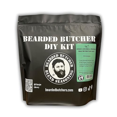 Bearded Butchers Onion & Bell Pepper Bratwurst DIY Kit - Make Mild, Flavorful Brats at Home - Includes Onion & Bell Pepper Seasoning, 32mm Collagen