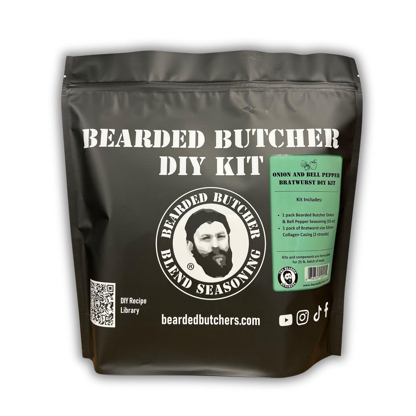 Bearded Butchers Onion & Bell Pepper Bratwurst DIY Kit - Make Mild, Flavorful Brats at Home - Includes Onion & Bell Pepper Seasoning, 32mm Collagen