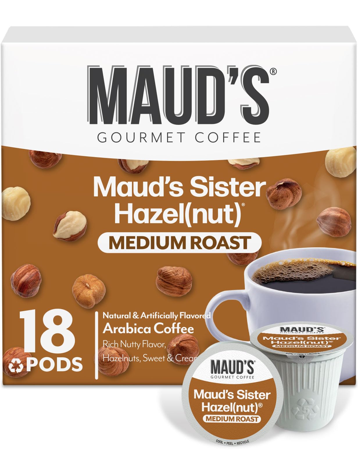 Maud's Sweet Hazelnut Flavored Coffee Pods, 18 ct, Medium Roast Flavored Coffee in Single Serve Pods - 100% Arabica Beans, Compatible with Keurig K