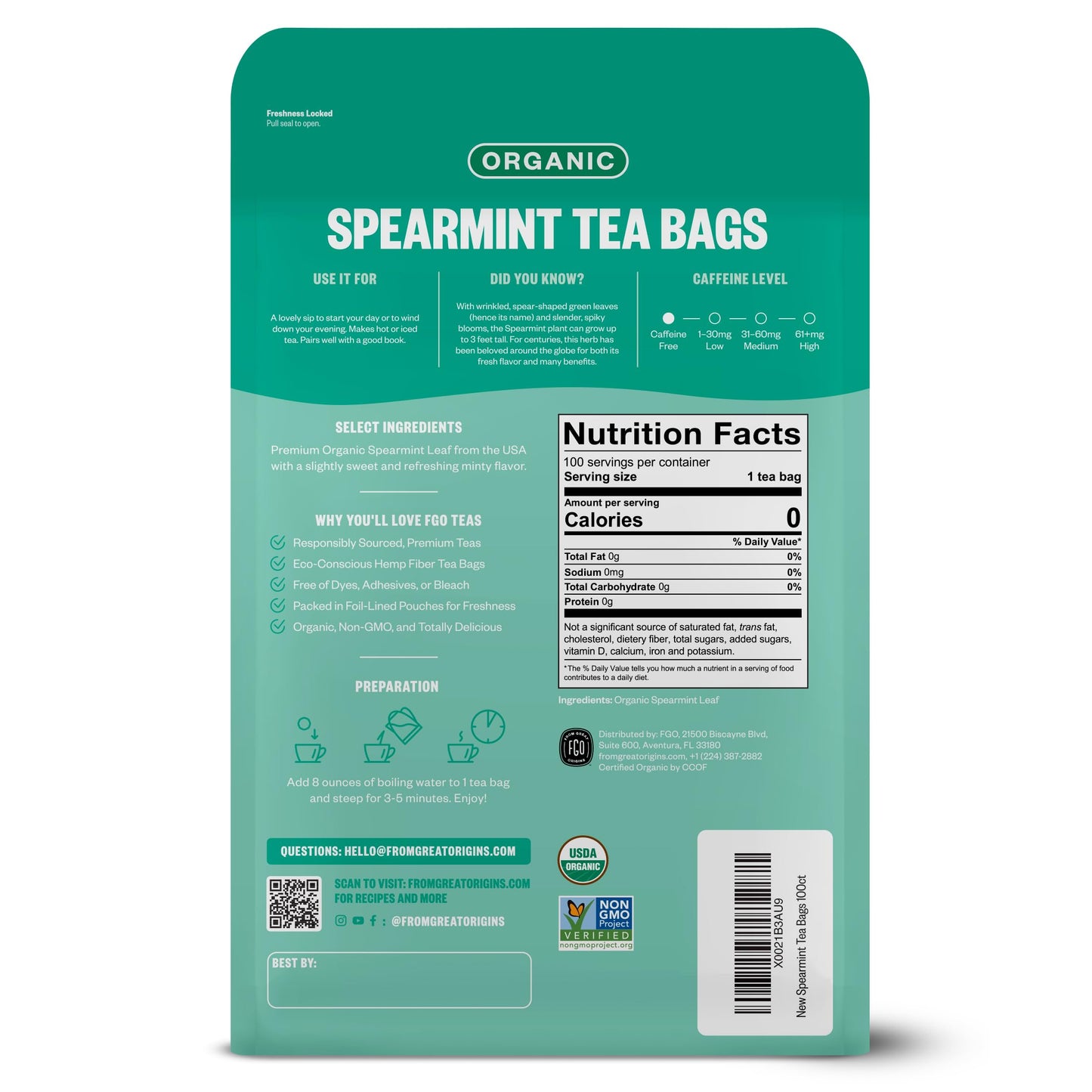 FGO Organic Spearmint Leaf Tea, 100 Count, Eco-Conscious Tea Bags, Caffeine Free, Resealable Bag, Packaging May Vary (Pack of 1)