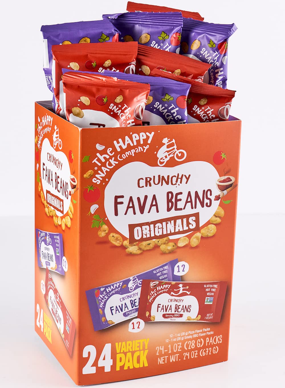 The Happy Snack Company Fava Beans Variety Pack 24 x 1 oz (Smoky BBQ Flavor and Pizza Flavor). High Fiber Vegan Protein Snacks for Adults and Kids
