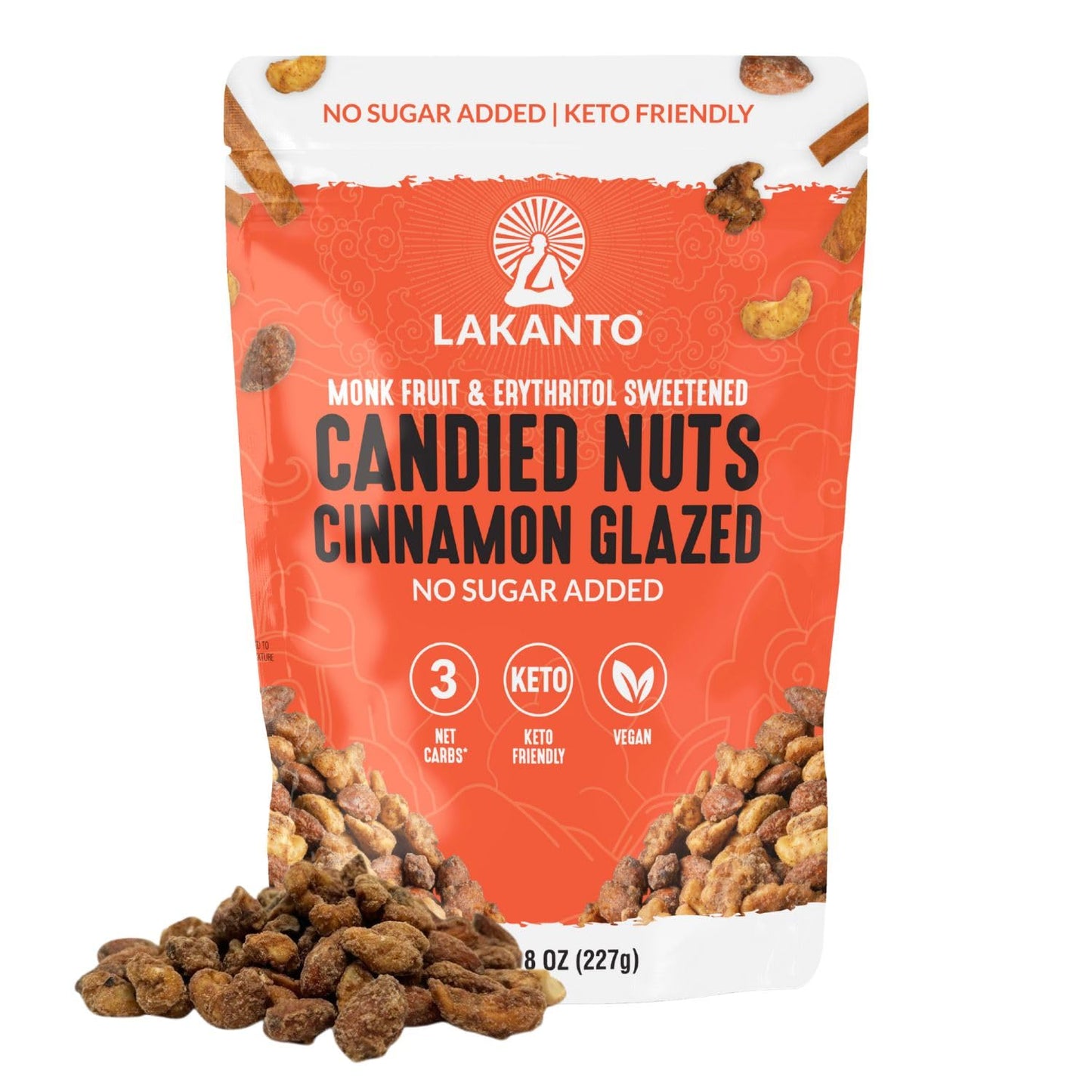 Lakanto Candied Nuts Cinnamon Glazed - No Sugar Added, Sweetened with Monk Fruit, 3 Net Carbs, Keto Diet Friendly, Vegan, On the Go Snack Anytime