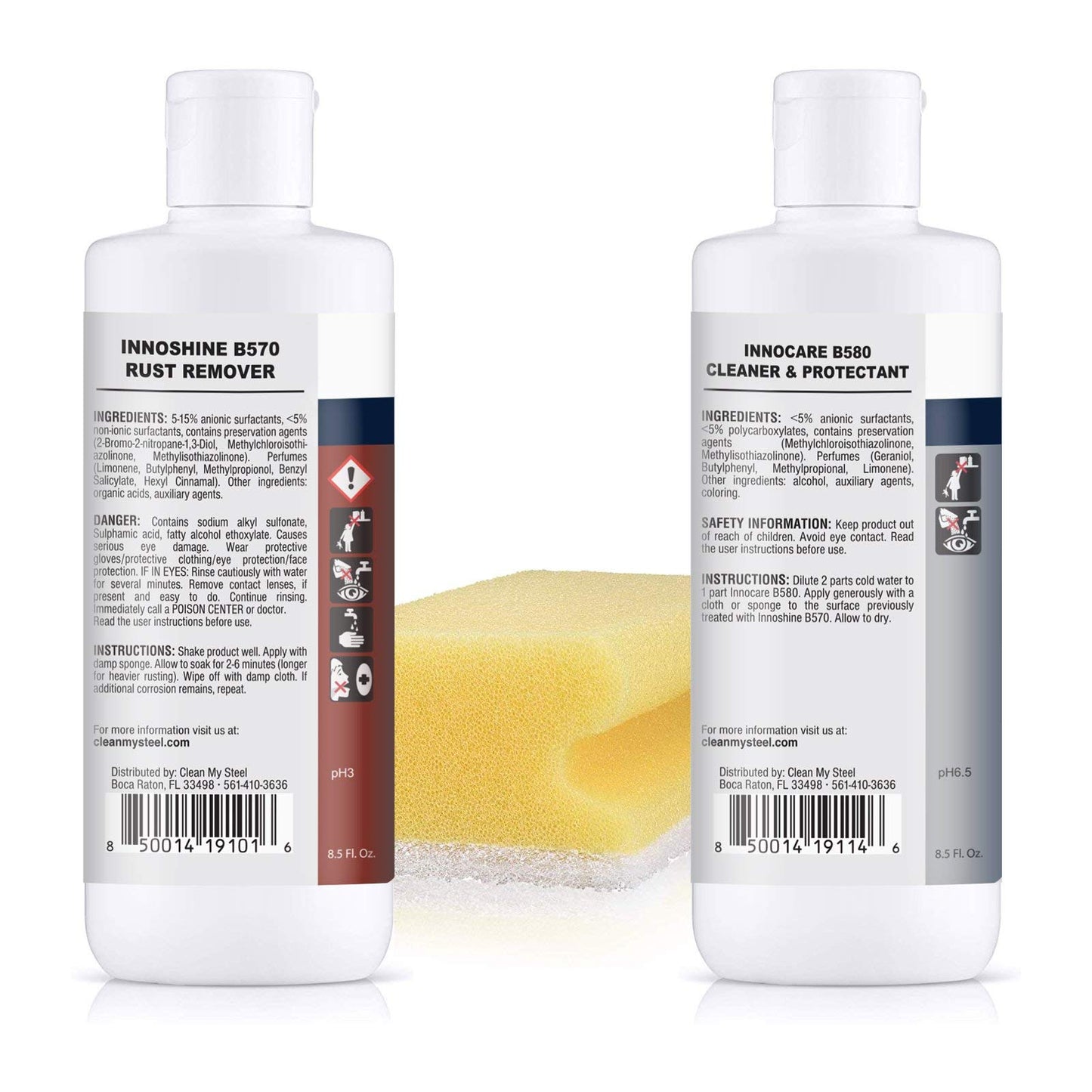 CLEAN MY STEEL Stainless Steel Rust Remover and Protector Kit, NSF Certified, 8.5 oz, Includes B570 Rust Remover, B580 Cleaner and Protector, Sponge