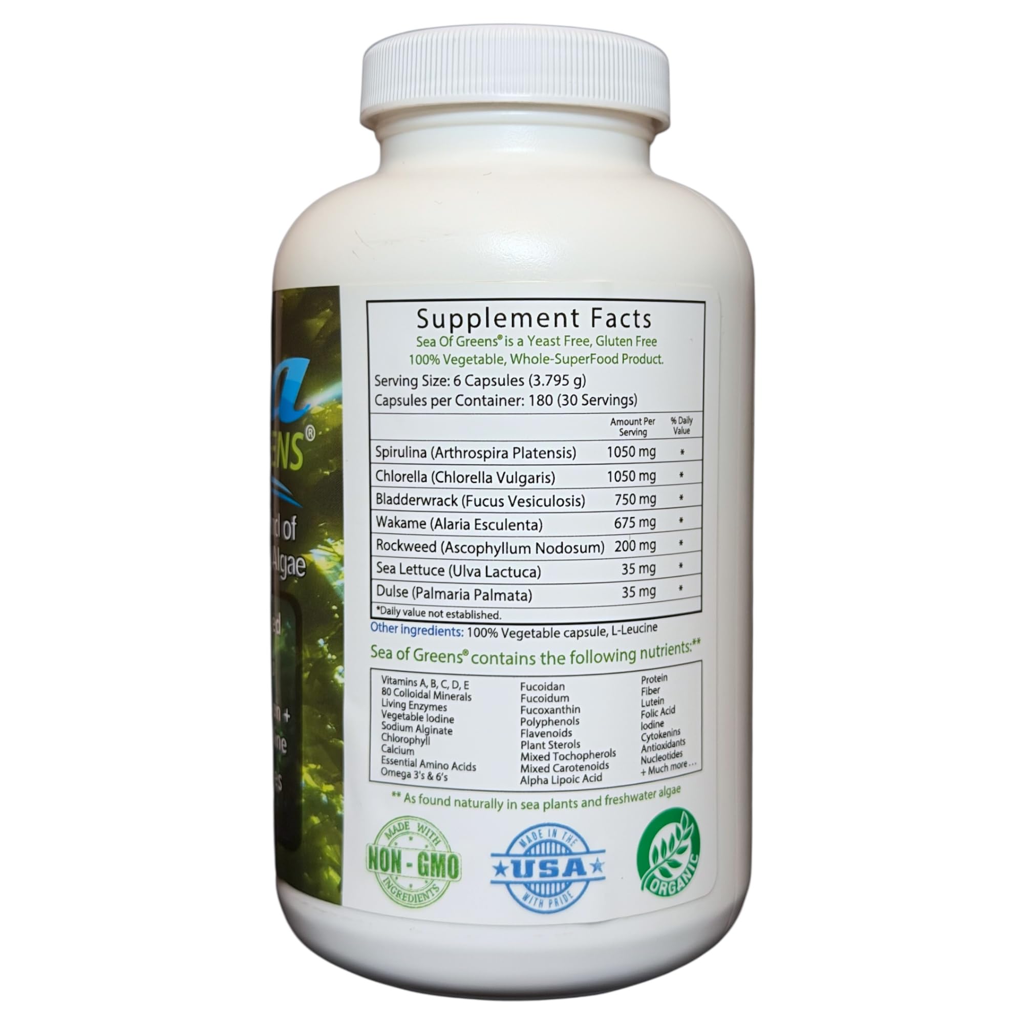 Sea of Greens - Organic Seaweed & Algae Superfood Blend - Spirulina, Chlorella, Bladderwrack, Wakame - Natural Iodine & Fucoidan - Oxalate-Free - 180