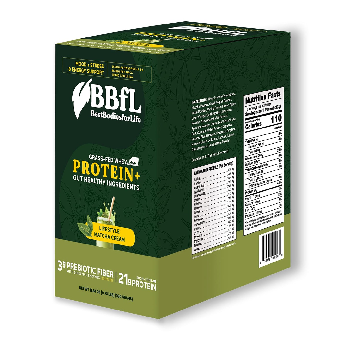 BBfL Grass-Fed Whey Protein Shake - 21g rBGH-Free Protein, Matcha + Apple Cider Vinegar, Prebiotics, Digestive Enzymes, Adaptogens for Stress & Mood