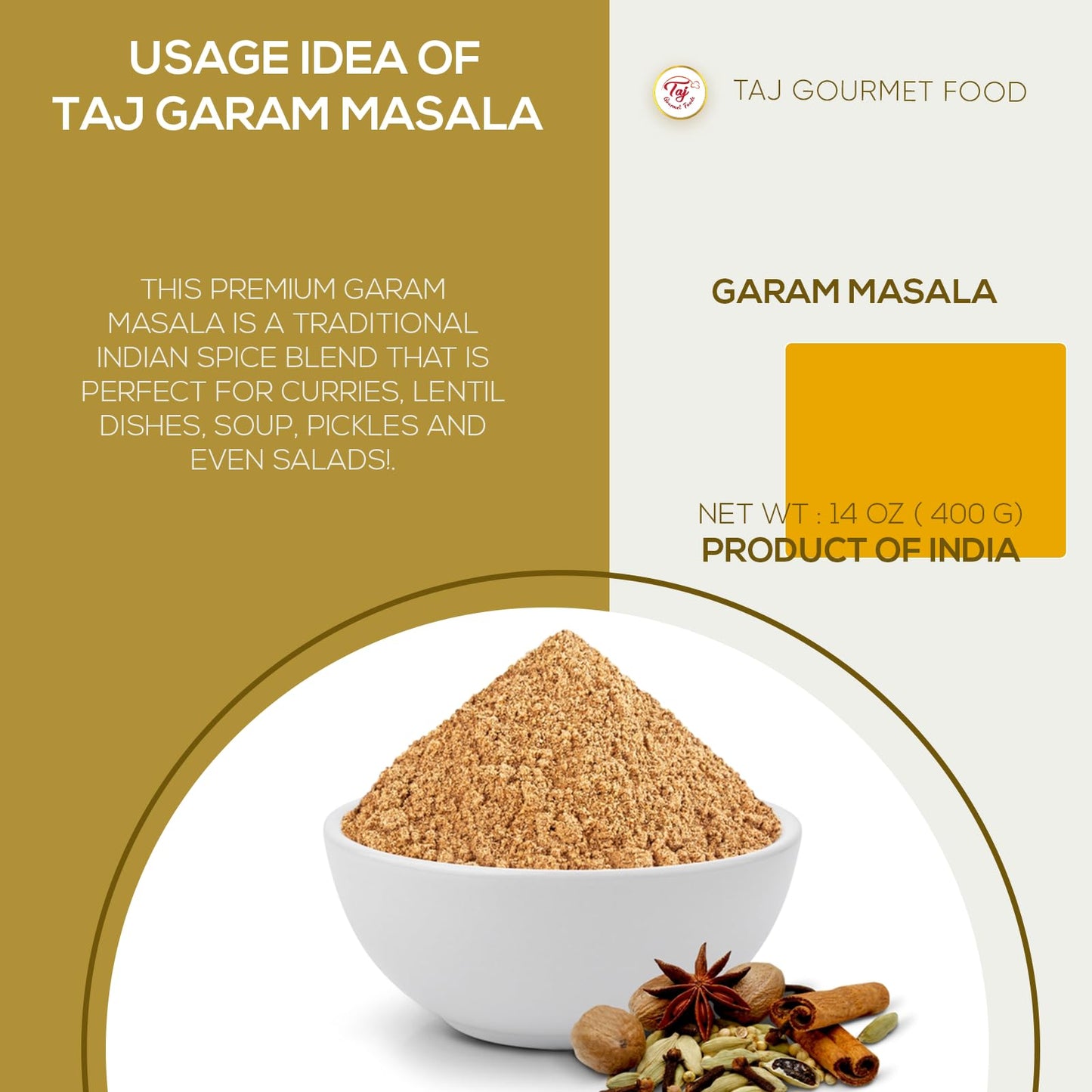 TAJ Garam Masala Powder, 14 Ounce - Unique Blend of Spices | Authentic Indian Spices