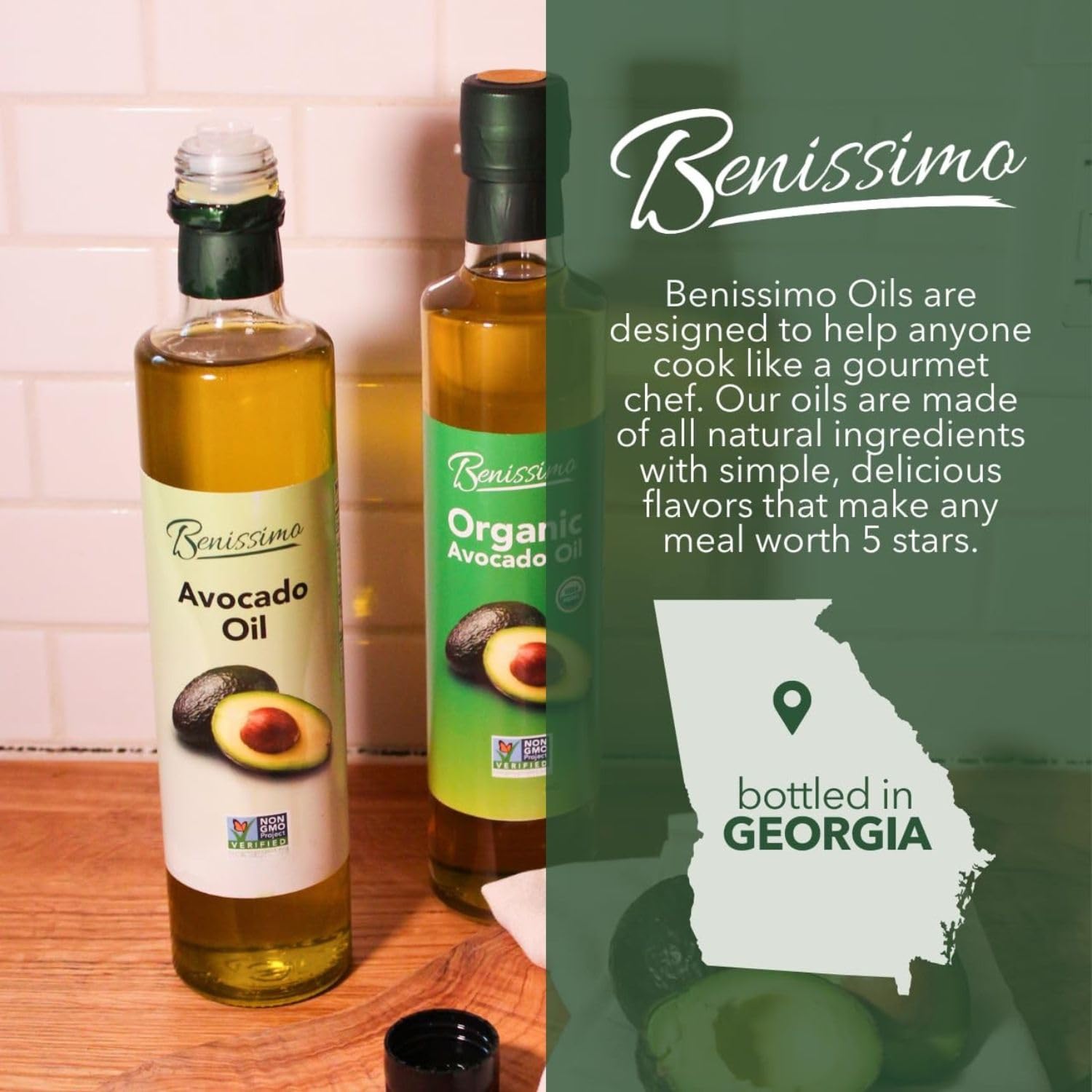 100% Pure Avocado Oil in Glass Bottle, Allergen-Free and Non-GMO, Premium Cold-Pressed Cooking Oil for Sautéing, Baking, Grilling, and Salad