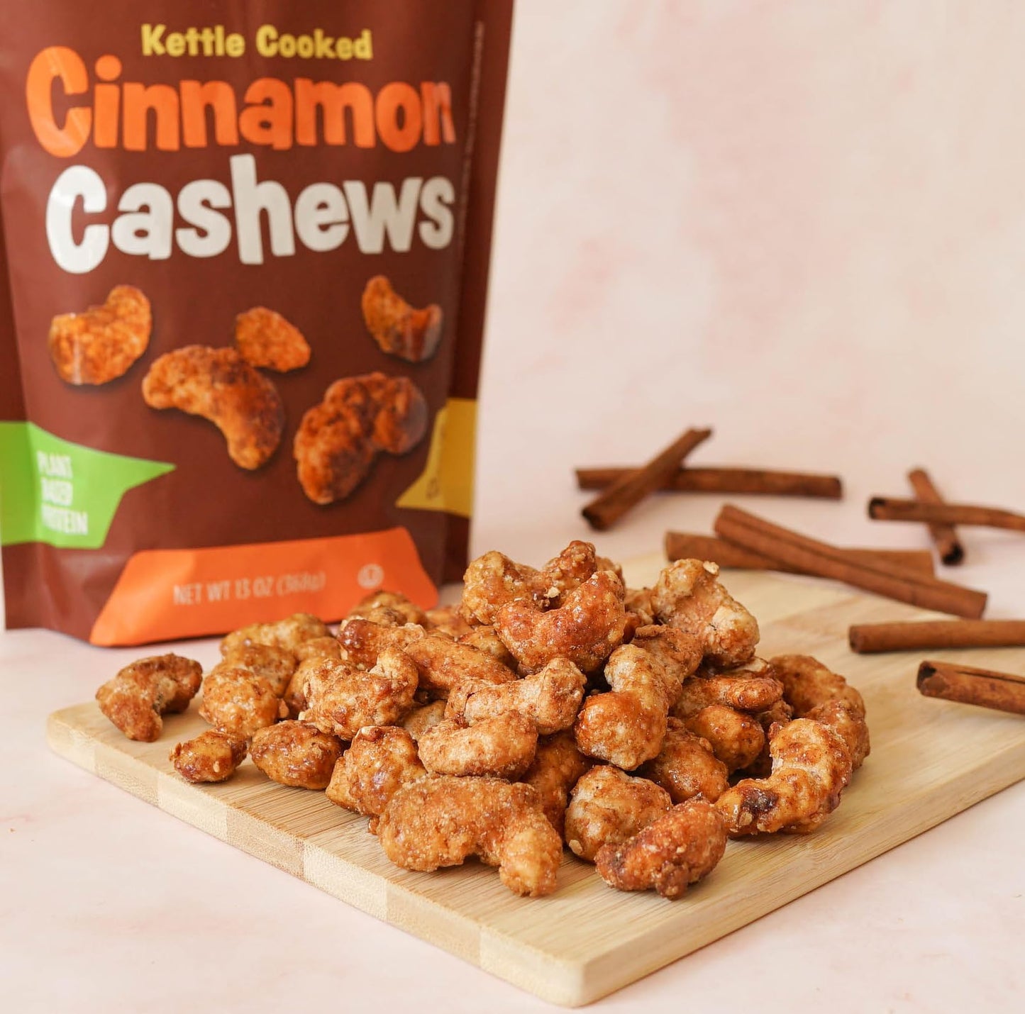 Platinum Kettle Cooked Cinnamon Cashews - Plant Based Protein, Fiber, Healthy Snack - Sweet & Spicy Flavors - Can Bring at Home, Work, Office, Gym