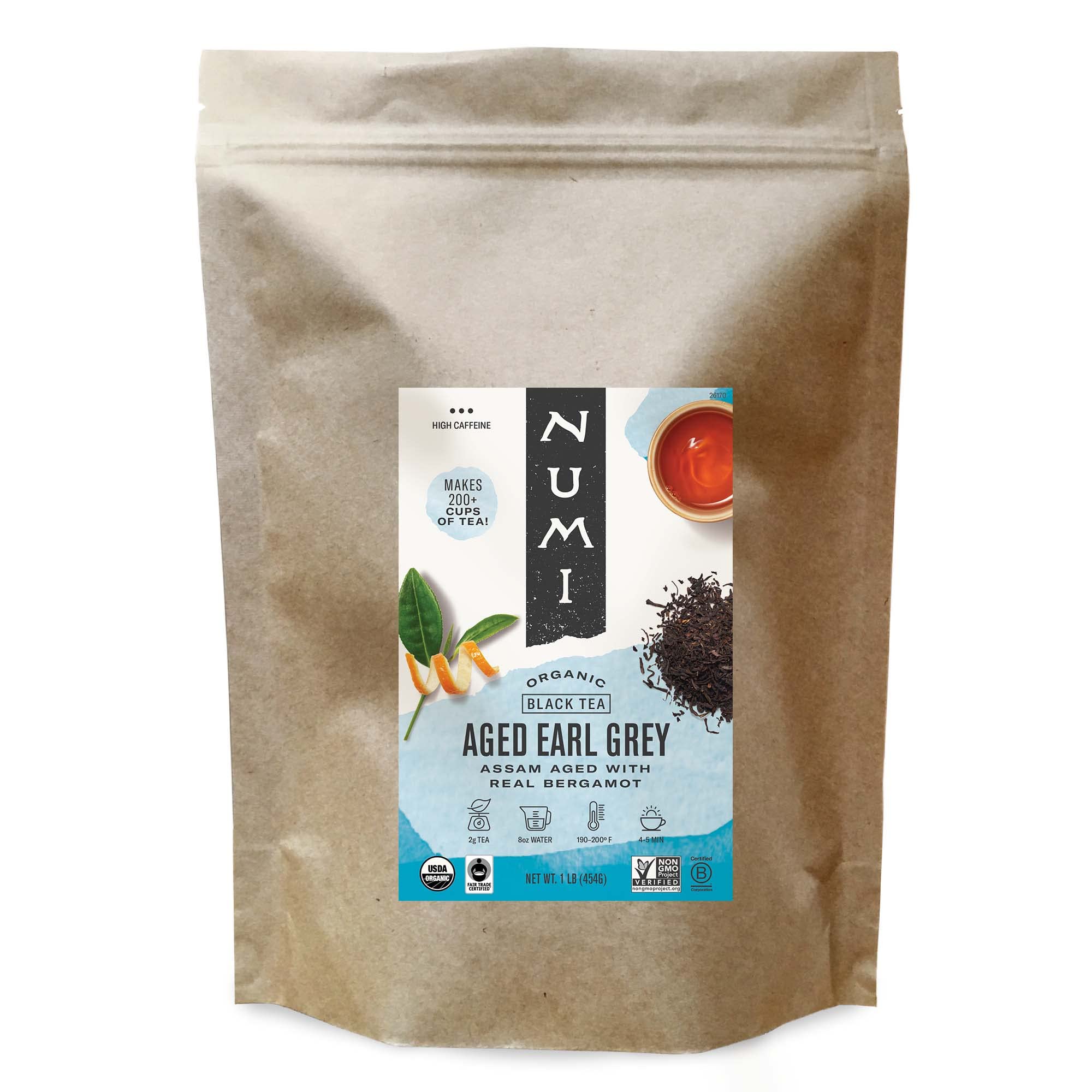 Numi Organic Tea Aged Earl Grey, 16 Ounce Pouch (Pack of 6) Loose Leaf Black Tea, 200+ Cups Per Bag, Packaging May Vary