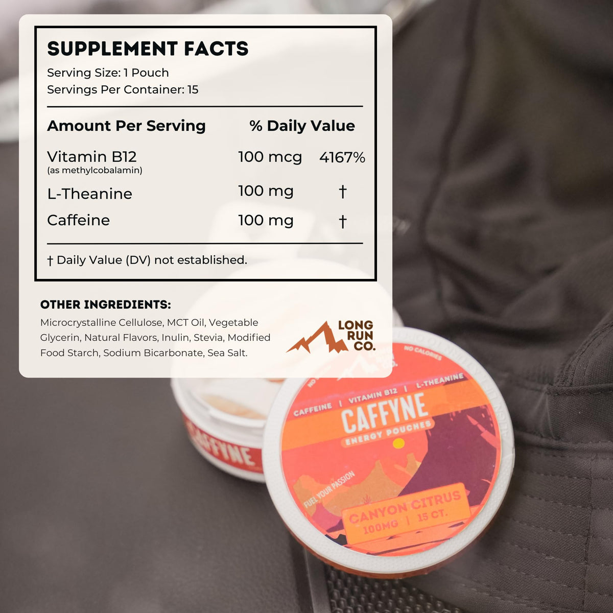CAFFYNE Energy Pouches by Long Run Co. - All Natural Caffeine + B Vitamins + L-Theanine | Sugar-Free & 0 Calories | 100mg of Caffeine in Each Pouch