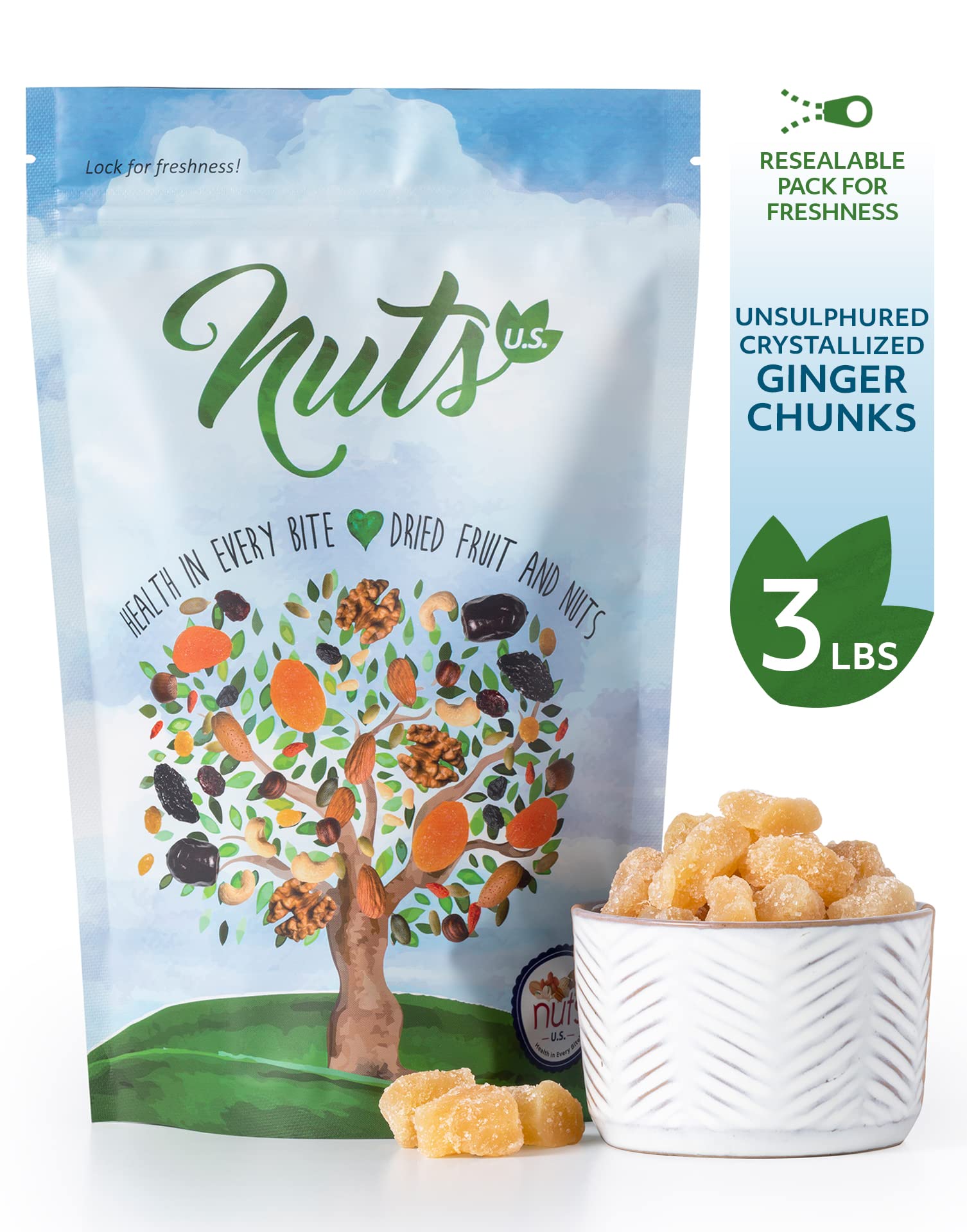 NUTS U.S. - Unsulphured Crystallized Ginger Chunks | No Artificial Colors | Fresh and Delicious Dried Gingers in Resealable Bag!!! (3 LBS)