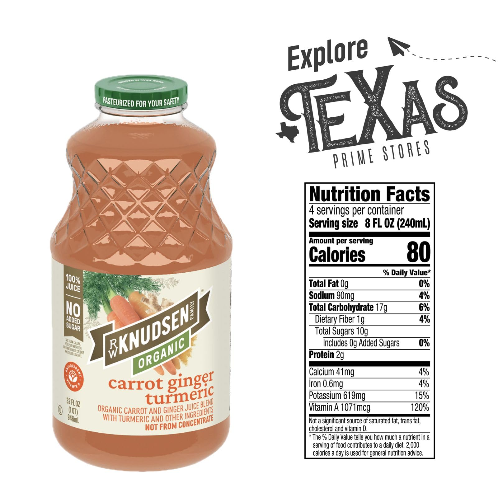 R.W. Knudsen Organic 4-Pack Organic Carrot Ginger Tumeric Fruit Juice 100% USDA Organic 32 fl oz Glass Bottle + 1 Utility Freebie by Lavinia