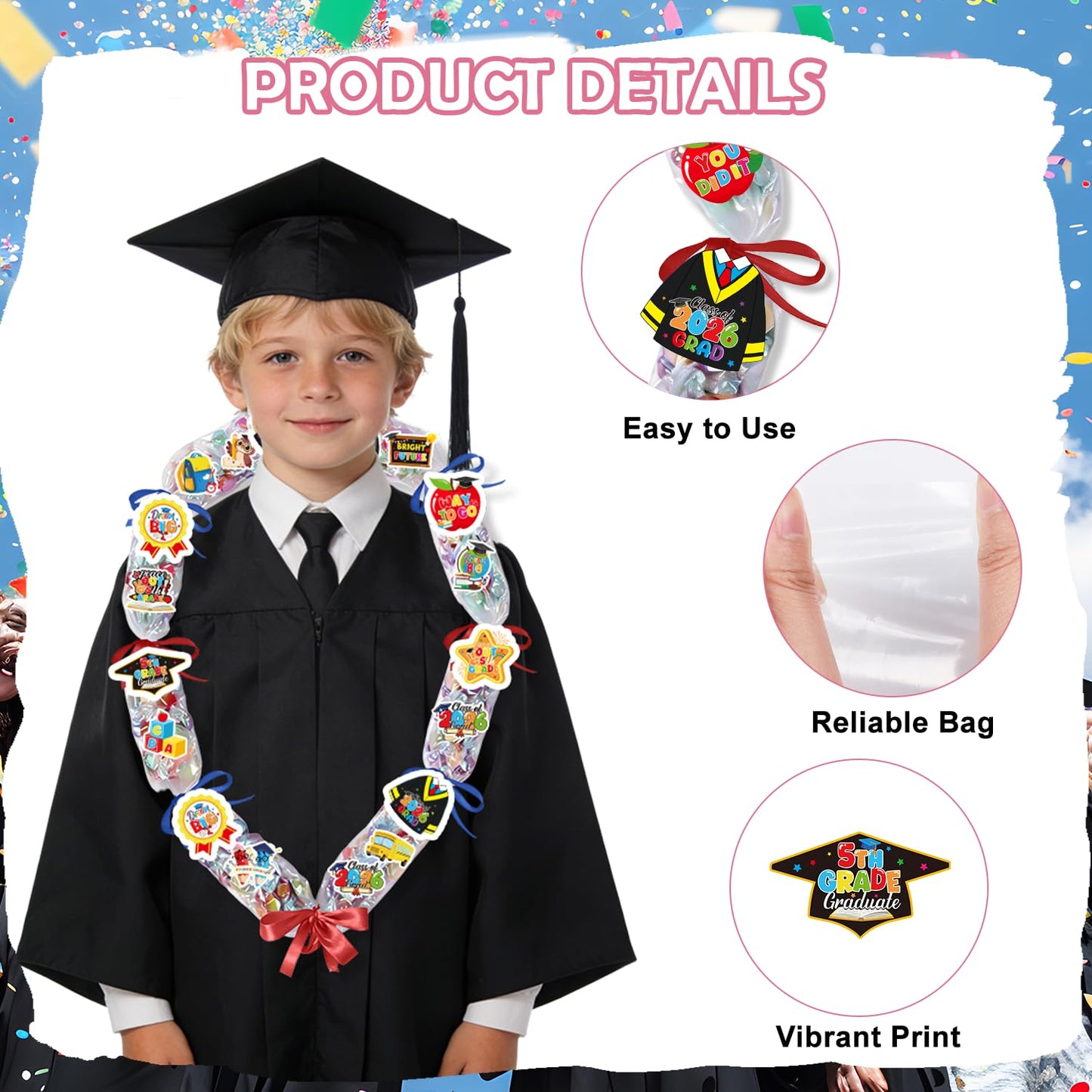 Silkovahamd 5th Grade Graduation Leis 2026 - Graduation Candy Lei Making Kit Class of 2026, 12 Candy Poly Tubing Clear 60 Paper Cards 12 Sheets