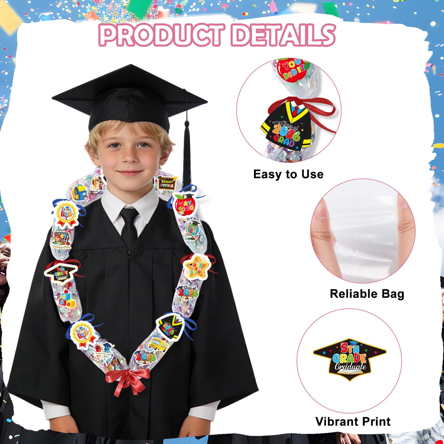 Silkovahamd 5th Grade Graduation Leis 2026 - Graduation Candy Lei Making Kit Class of 2026, 12 Candy Poly Tubing Clear 60 Paper Cards 12 Sheets