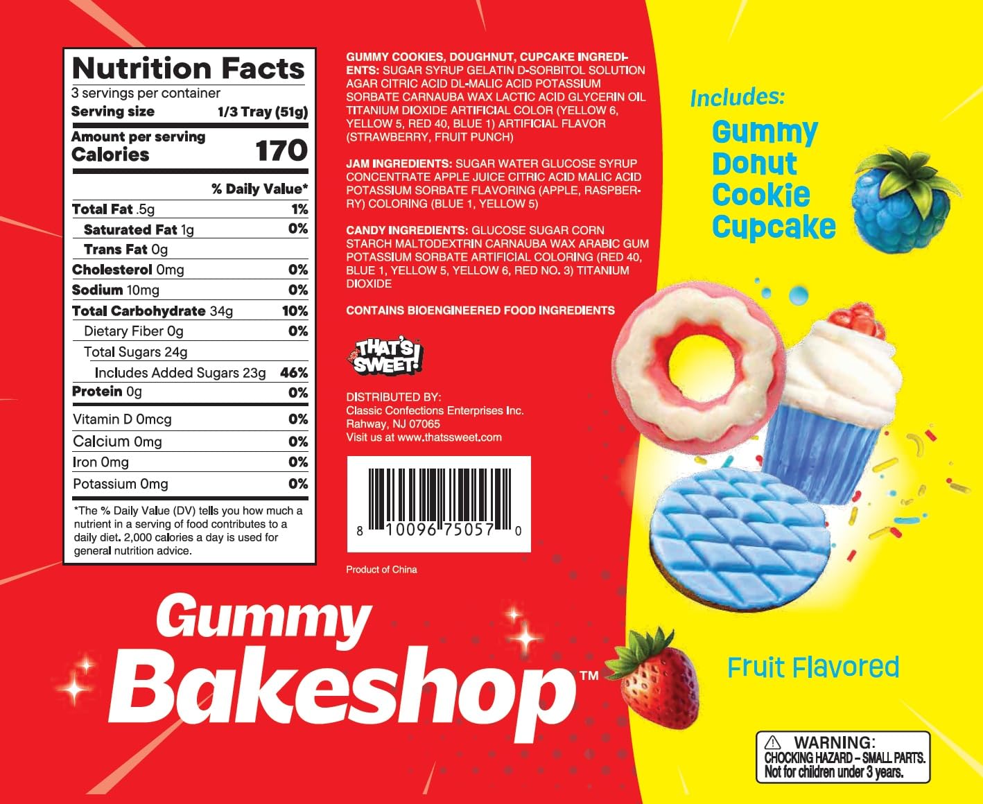 Gummy Bakeshop Candy Kit - Gummy Donut, Cookie & Cupcake Shapes with Candy Icing and Sprinkles - Flavored Candy Treat Set