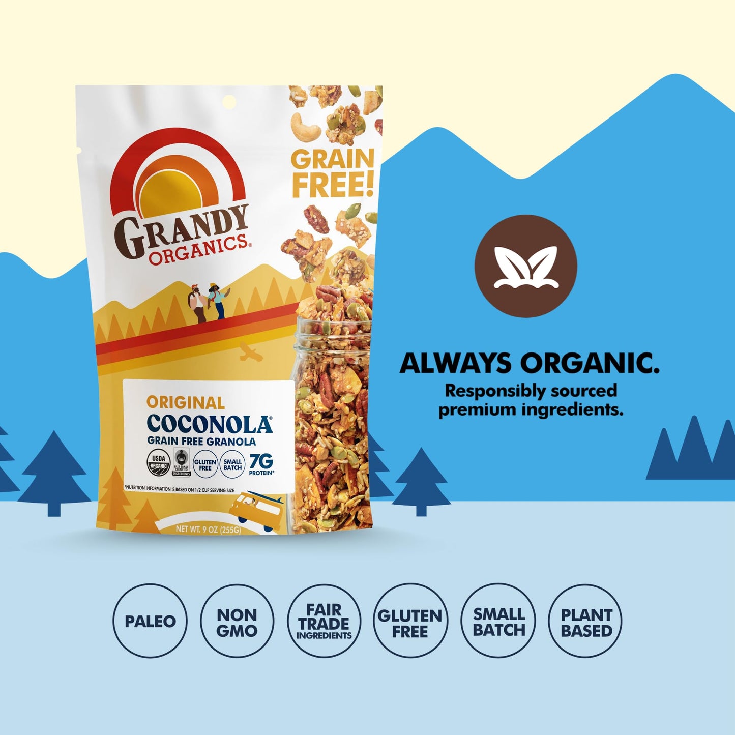 Grandy Organics Original Coconola - Certified Organic Grain Free Granola - 7g Protein - Gluten Free, Non GMO, Vegan & Paleo Friendly - Coconut