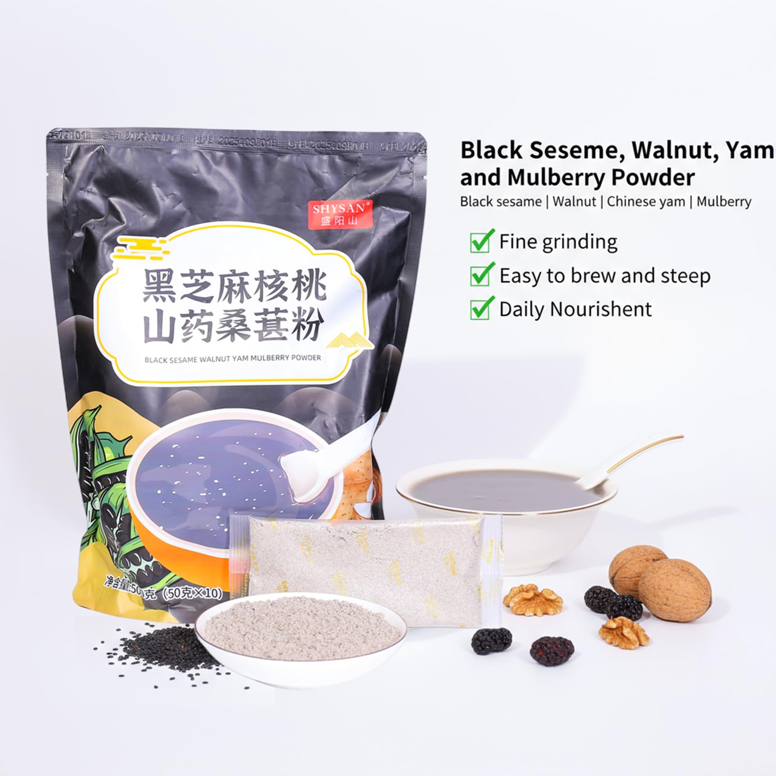 SODGHYTR-Black Sesame Walnut Yam Mulberry Paste-Chinese Cuisine, Breakfast Quick brewing (500 g) /17.64oz/containing 10 Small Bags/????