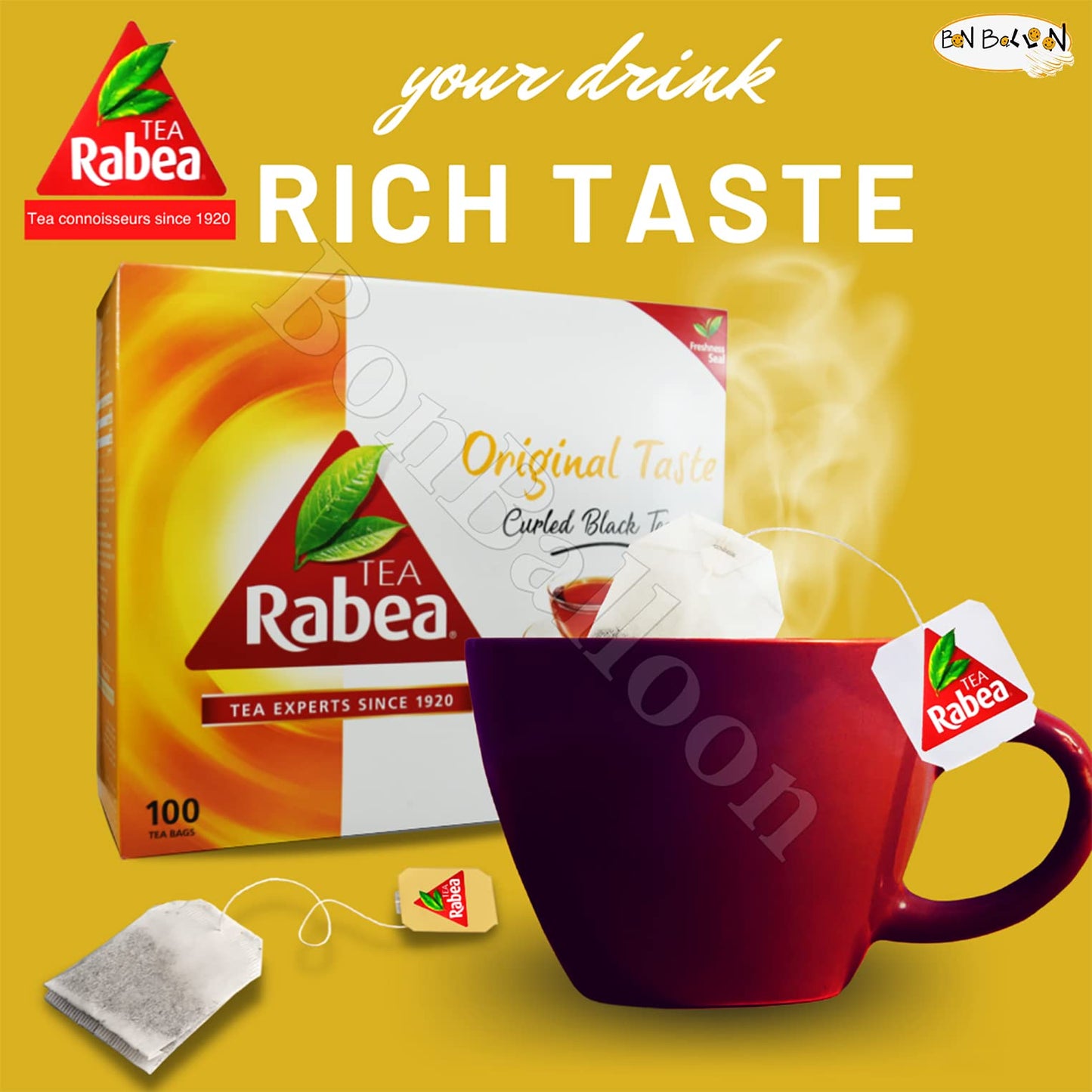 Original Taste Black Tea Rabea Bags Teas (100 Tea Bag) Kenyan Indian Pure Traditional Arabian Saudi Arabia Strong Rich Pure Oriental Natural Taste