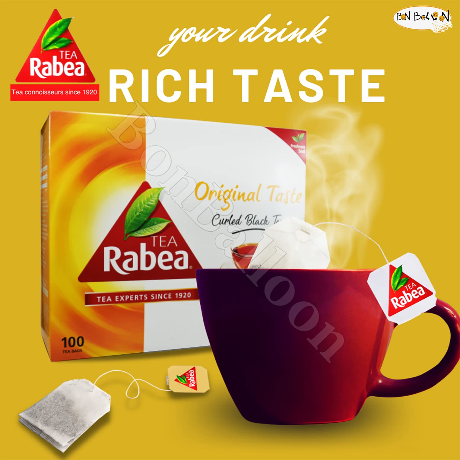 Original Taste Black Tea Rabea Bags Teas (100 Tea Bag) Kenyan Indian Pure Traditional Arabian Saudi Arabia Strong Rich Pure Oriental Natural Taste
