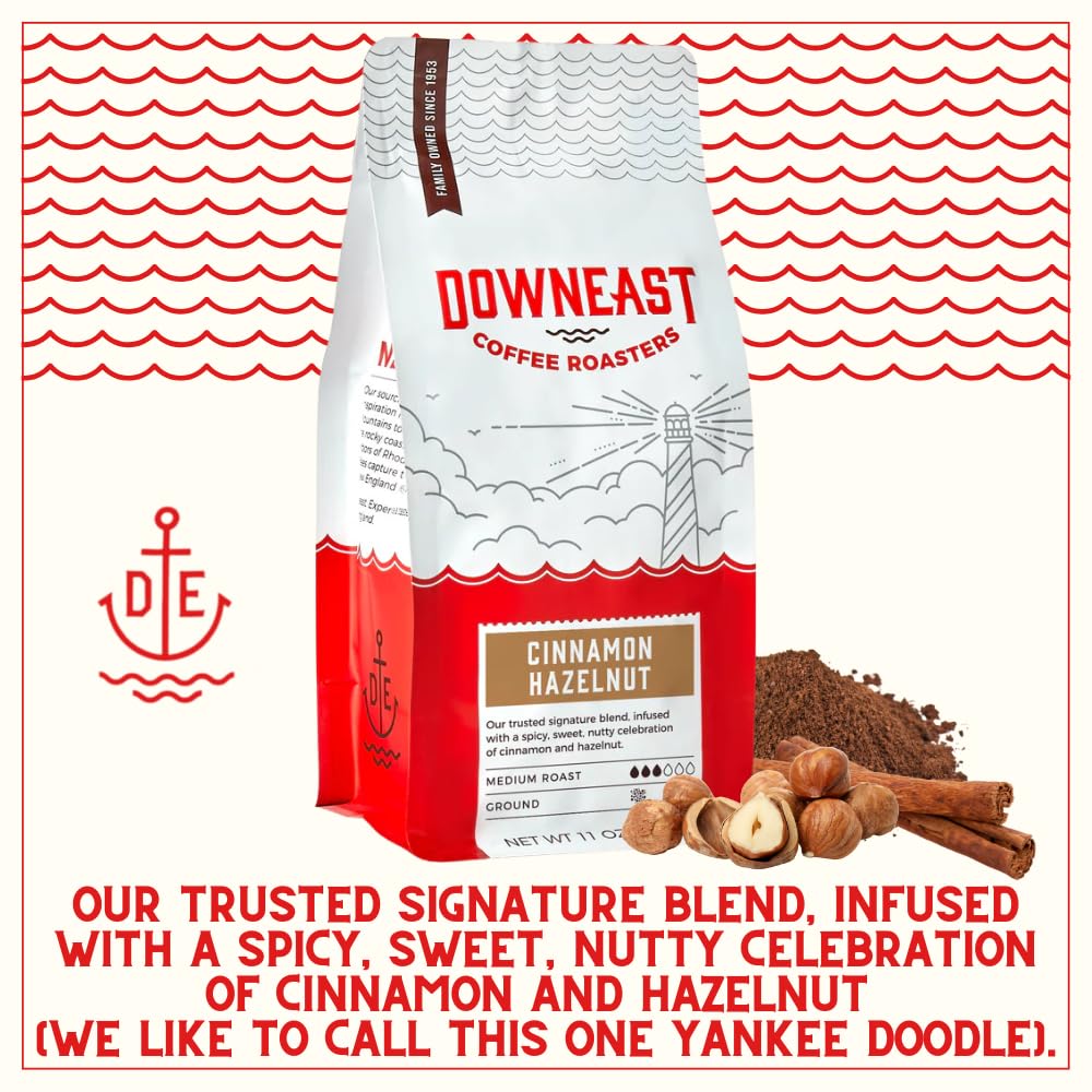 Downeast Coffee Roasters Ground Coffee - Cinnamon Hazelnut, Medium Roast, Spicy, Sweet and Nutty Flavor (GROUND COFFEE, 11oz bag)